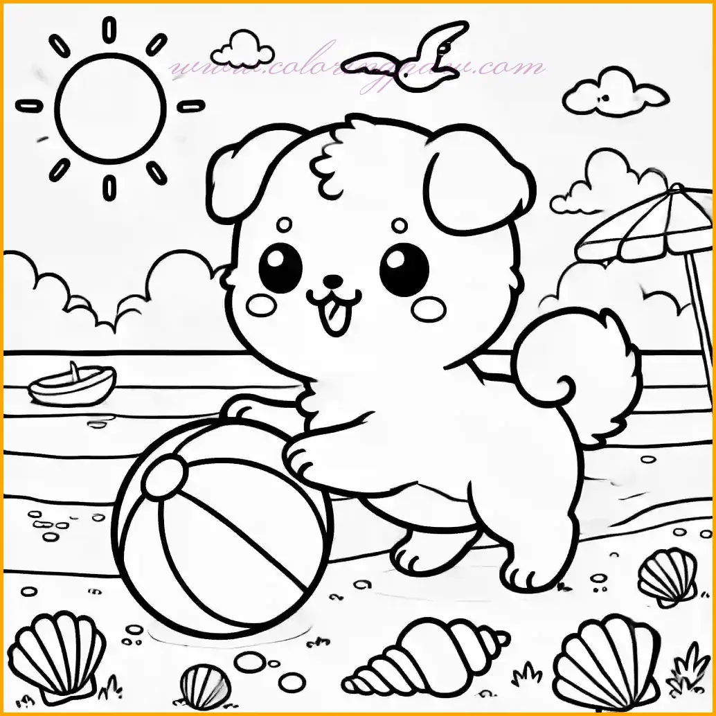 This coloring page features an adorable anime-style dog enjoying a day at the beach. The dog is playing with a colorful beach ball near the shoreline, surrounded by gentle waves and seashells. The scene includes a bright sun shining above and a few seagulls flying in the sky. Kids can color the dog with shades like brown, cream, or golden, the beach ball in vibrant hues like red, blue, and yellow, and the seashells in soft pastel tones. The sun can be bright yellow, and the waves light blue, creating a lively and fun seaside scene perfect for coloring.