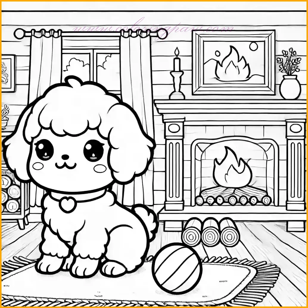 This coloring page features a cute anime-style dog sitting on a soft rug in front of a warm fireplace. The cozy indoor scene includes logs in the fireplace with gentle flames, a small ball beside the dog, and a framed picture hanging on the wall. Kids can color the dog with shades of brown, golden, or cream, make the rug vibrant with colors like red or blue, and the flames in the fireplace orange and yellow. This warm and inviting design is perfect for a relaxing coloring activity.
