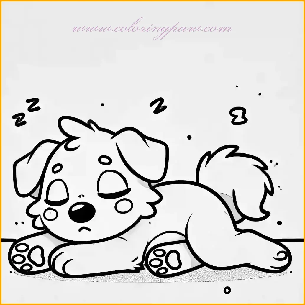 This coloring page showcases a cute anime-style dog resting peacefully on a white background. The dog is lying down with its paws stretched out and a calm, sleepy expression, conveying a sense of tranquility. A small crescent moon and a tiny pillow add a cozy touch to the scene. Children can color the dog with soft shades of brown, golden, or cream, and use light blue or yellow for the moon and pillow. This simple and serene design is perfect for creating a relaxing coloring experience.