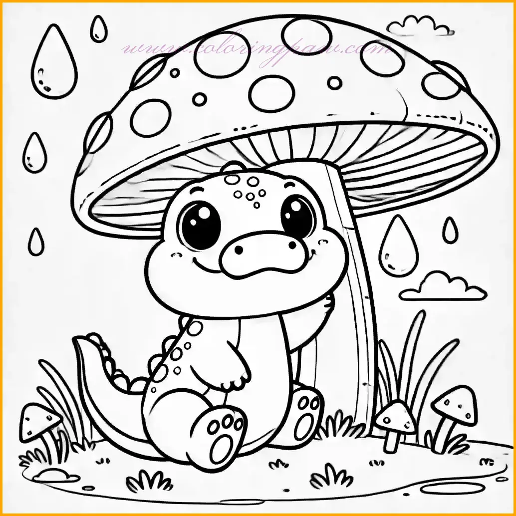This Baby Crocodile coloring pages illustration features a charming scene of a baby crocodile sitting happily under a big mushroom, as if taking shelter from the rain. The crocodile has big, cheerful eyes and a wide smile, with a few droplets of rain falling around. The background is minimal, with a grassy base to keep the design simple and child-friendly. Bold outlines and large open spaces make it perfect for kids to color. Use green for the crocodile, red and white for the mushroom, and blue for the rain to bring this delightful image to life.