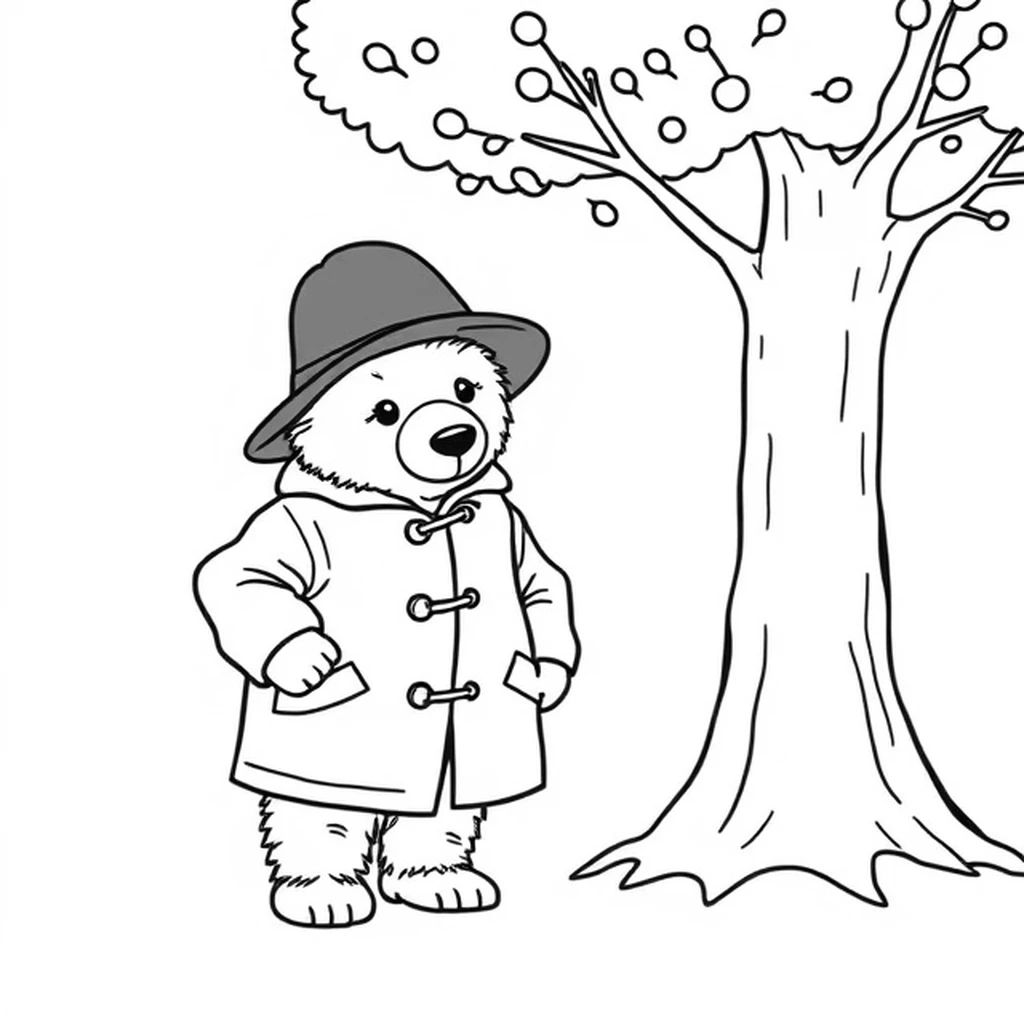 Paddington Bear is shown standing proudly near a tall tree, dressed in his iconic blue coat and red hat. The coat should be colored in a deep, rich navy, with subtle highlights to emphasize its texture. Paddington’s red hat can be rendered in a bright crimson, adding a cheerful touch. His fur can be shaded in soft, warm brown tones, with lighter accents to bring out his friendly expression. The tree in the background can be colored with earthy browns for the trunk and vibrant greens for the foliage, creating a natural and lively setting. Artists can explore adding details like scattered leaves or a clear blue sky to enhance the scene’s outdoor charm.