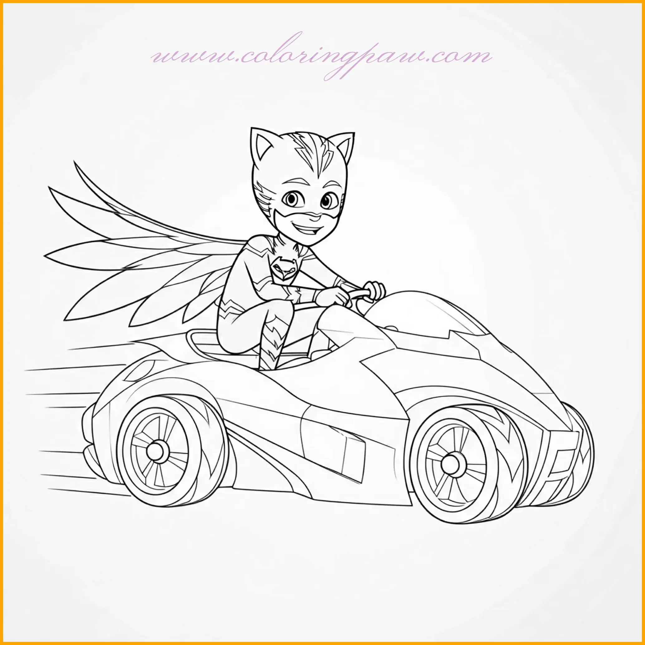 This action-packed coloring page captures Catboy racing on his super-speed vehicle, full of energy and determination. Catboy’s sleek blue suit, complete with his signature lightning bolt design, stands out as he zooms through a vibrant cityscape with skyscrapers in the background. His vehicle, designed for speed, features bold curves and dynamic details. To make this page come to life, use varying shades of blue for Catboy’s costume and incorporate bright reds and metallic silvers for the vehicle. Add vibrant colors to the city backdrop, such as yellows and oranges for streetlights, and dark purples for the night sky to create an exciting superhero atmosphere.