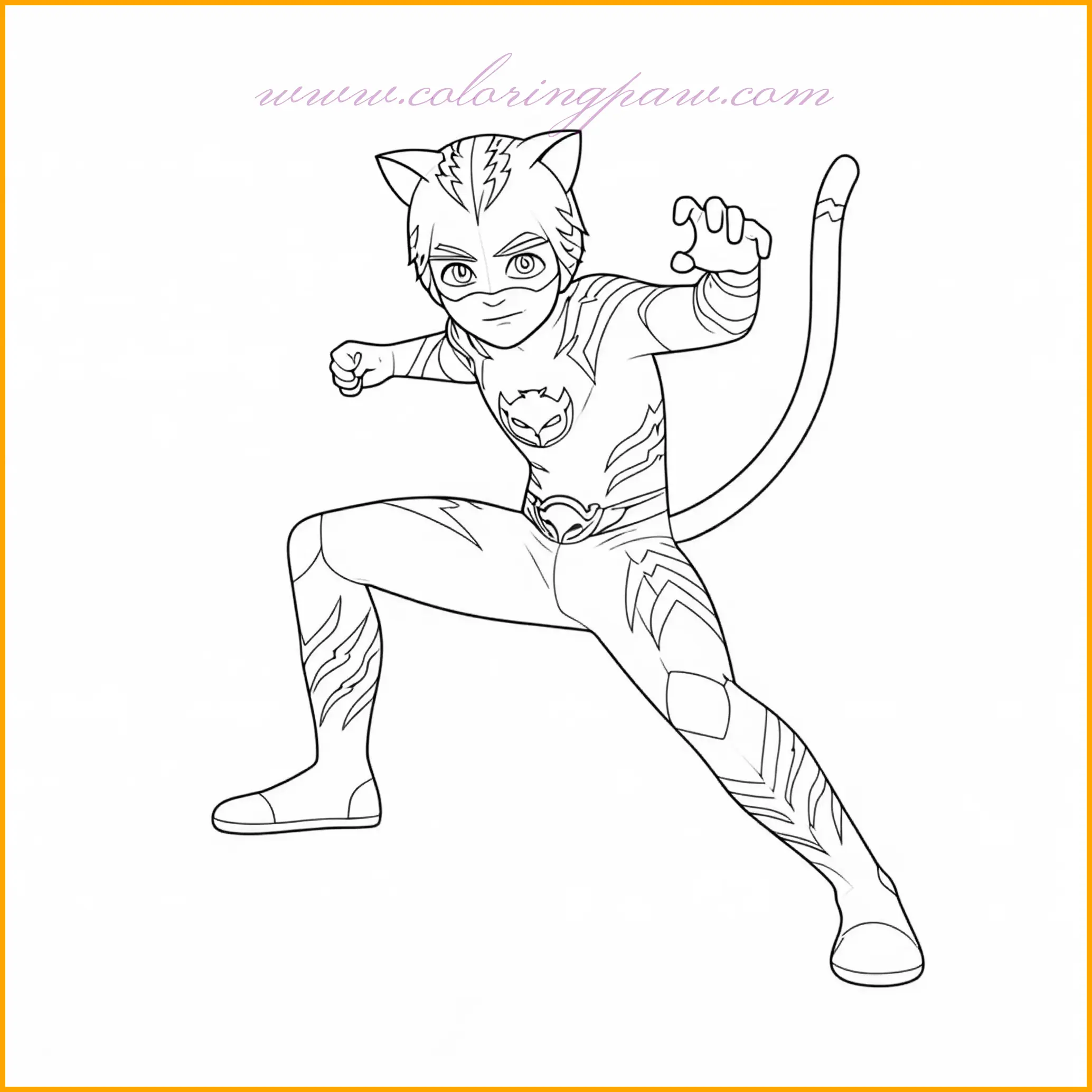 In this engaging coloring page, Catboy is ready for action, standing confidently with his tail extended and his superhero suit glowing with energy. The details of his costume, including the sleek lightning bolts and intricate textures, offer creative coloring opportunities. Use deep blues for Catboy’s suit, lighter blues for his tail, and silvery accents for the highlights. For the background, imagine a glowing moon and sparkling stars in the night sky, complemented by dark greys and purples. This scene is perfect for kids who love dynamic and powerful superhero poses.
