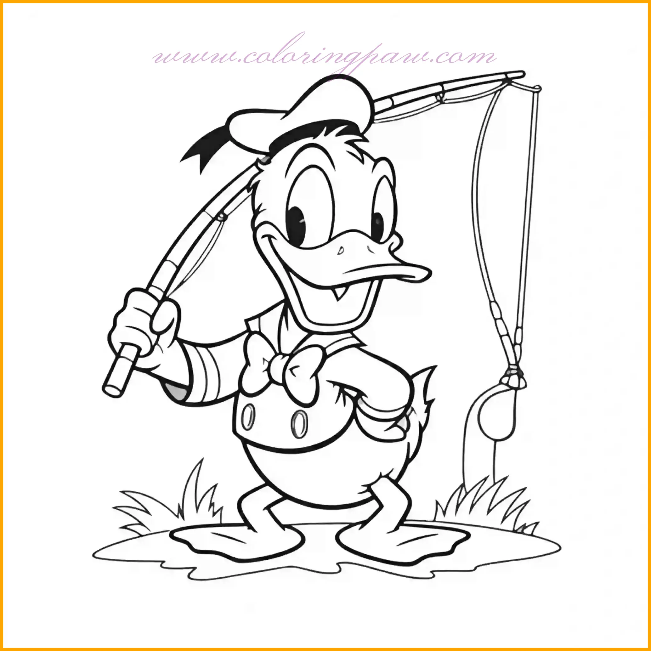 This delightful coloring page features Donald Duck holding a fishing rod with a bright, cheerful smile, ready for a relaxing day by the water. Bring out the charm of this scene by using soft whites for Donald’s feathers and classic blues for his sailor outfit. Add creative details by imagining the fishing rod catching a colorful fish or a sparkling lake in the background. Children can use their imagination to create a serene outdoor setting, enhancing their artistic skills while enjoying the magic of Donald Duck's fishing adventure. This is an ideal page for fans who love outdoor activities and fun challenges.