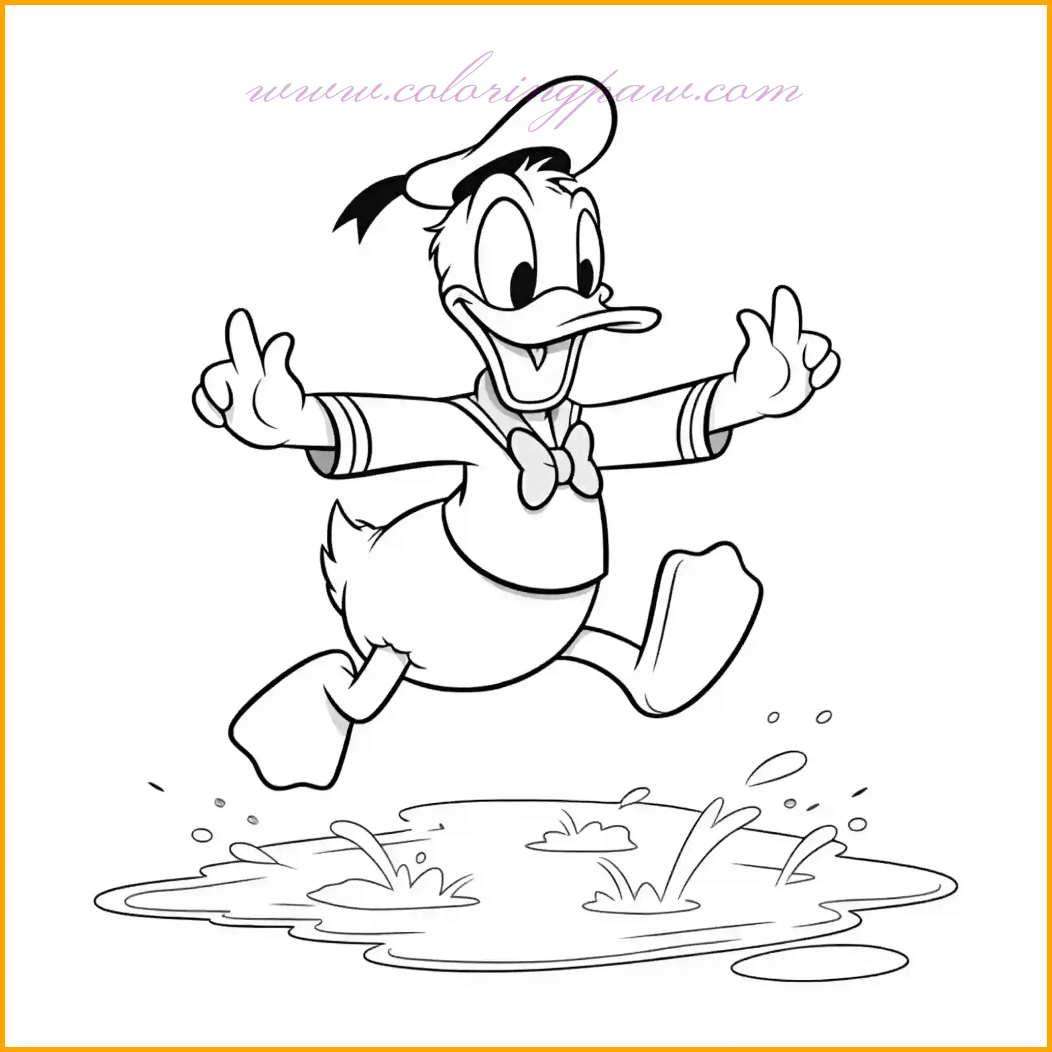 This coloring page captures Donald Duck in an exciting moment as he jumps over a puddle with joy and energy. Add vibrant splashes of blue to the puddle and experiment with playful colors for raindrops and reflections. Donald’s sailor outfit, with its iconic blue and white, adds contrast to the colorful splashes, while the background can be brought to life with stormy skies or a cheerful rainbow. This page is perfect for kids who love action-packed scenes and gives them the opportunity to experiment with textures and vibrant palettes.