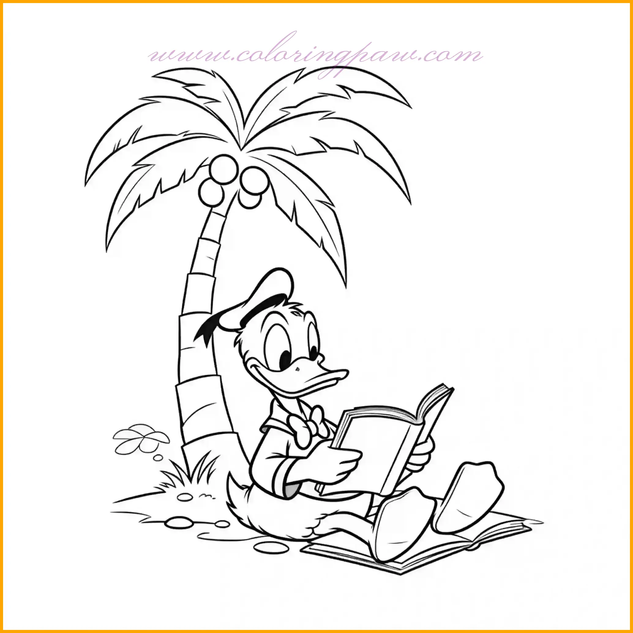 This serene coloring page shows Donald Duck enjoying a peaceful moment under a tall palm tree, immersed in reading a book. Use shades of rich green for the palm leaves and warm browns for the trunk to set the tropical vibe. Add soft tones to Donald’s sailor outfit to emphasize his relaxed state, while coloring the book in a contrasting color to make it stand out. Encourage children to imagine a sandy beach or a sunset background, making this page both creative and calming. It’s a perfect choice for fans who enjoy tranquil scenes with their favorite Disney character.