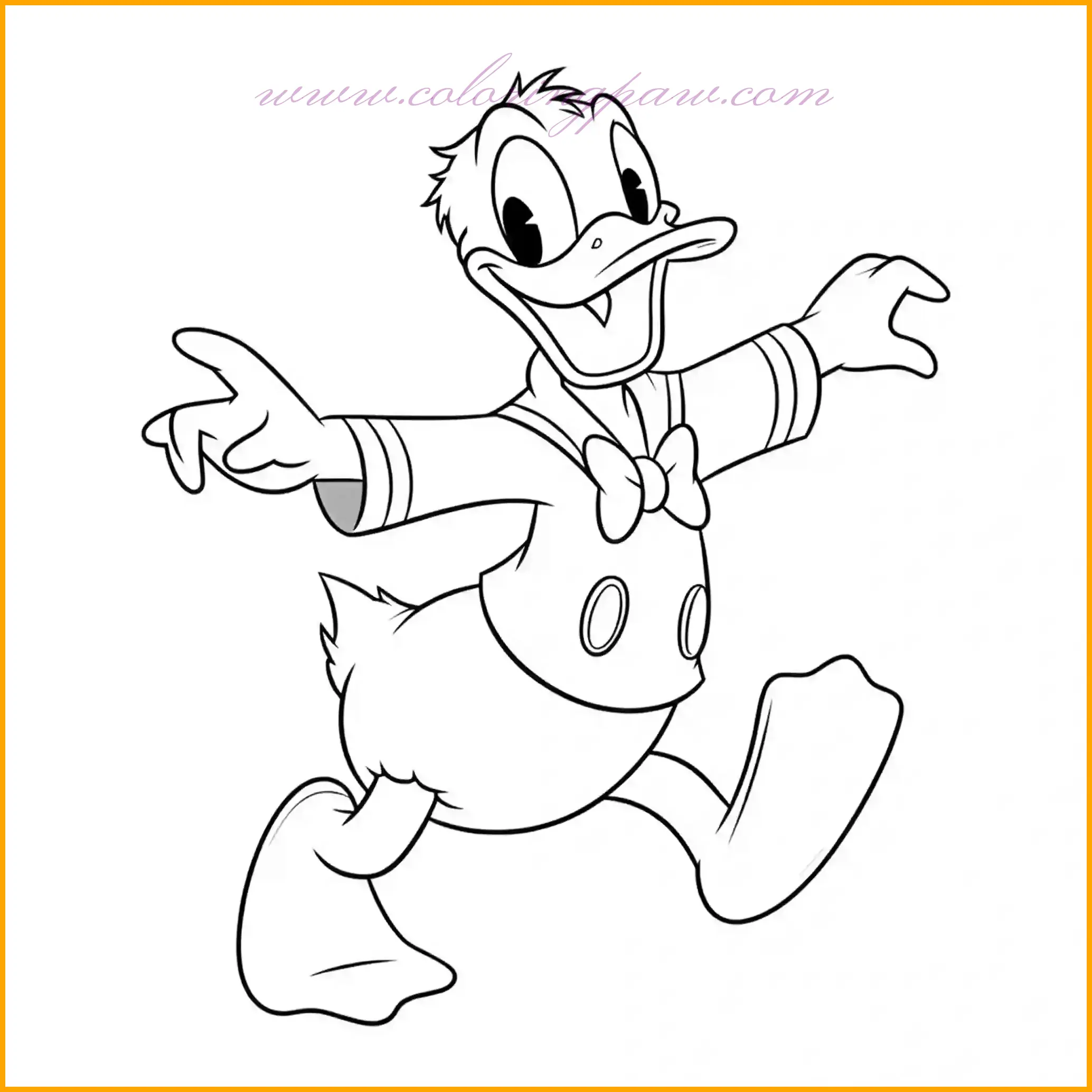 This energetic Donald Duck coloring page captures the beloved character running with arms outstretched, radiating excitement and mischief. Use his classic blue and white sailor outfit as a starting point, then get creative by adding a dynamic background like a park, a bustling street, or even a trail of footprints to show his path. Children can experiment with different shades to bring Donald’s lively movement to life, using vibrant colors to capture his cheerful personality. This page provides a fun and interactive way for kids to engage with art while enjoying the playful antics of Donald Duck.