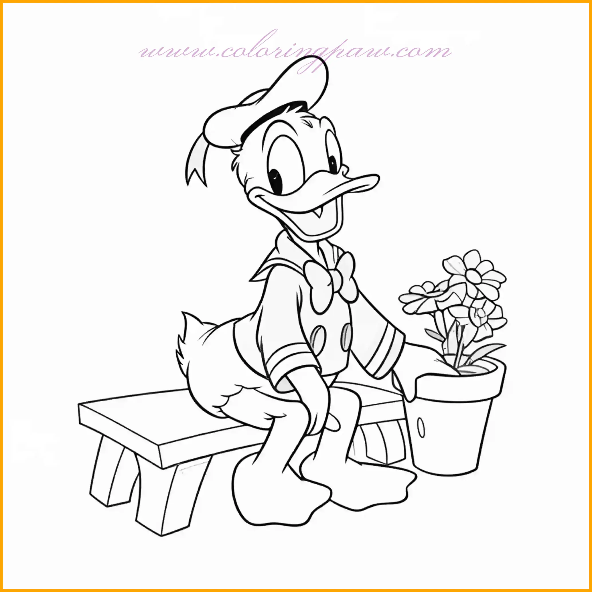 This charming Donald Duck coloring page captures a quiet moment as Donald sits on a bench holding a small flower pot. Use warm browns for the bench and lush greens and vibrant colors for the flowers to bring the pot to life. Donald’s classic sailor outfit in blue and white offers a delightful contrast to the natural tones. Children can imagine and add their own garden setting with blooming flowers, butterflies, or a sunny sky in the background. This page provides a relaxing and creative coloring experience while celebrating Donald’s love for simple joys.