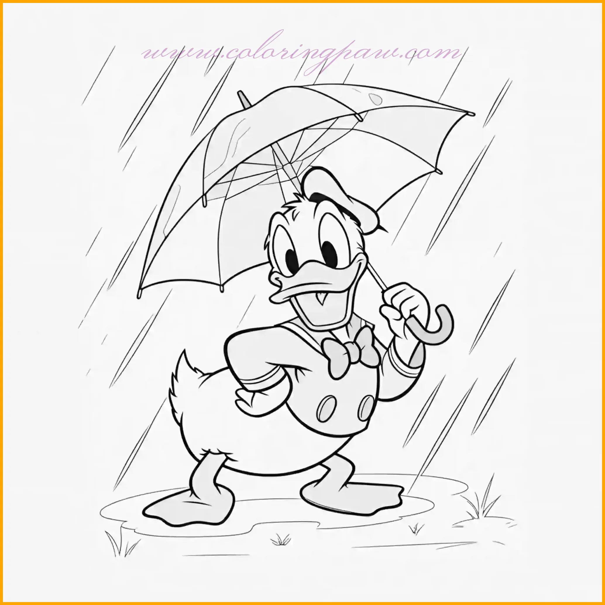This adorable Donald Duck coloring page captures him standing under a large umbrella, shielding himself from the rain. Bring this scene to life with bright reds or yellows for the umbrella, and use shades of blue to depict raindrops and puddles. Donald’s sailor outfit can stand out with its classic colors, while the background can feature a stormy sky, a rainbow, or even other fun rainy-day elements like splashing water or floating leaves. This page is ideal for young artists to explore textures and create a lively rainy day scene.