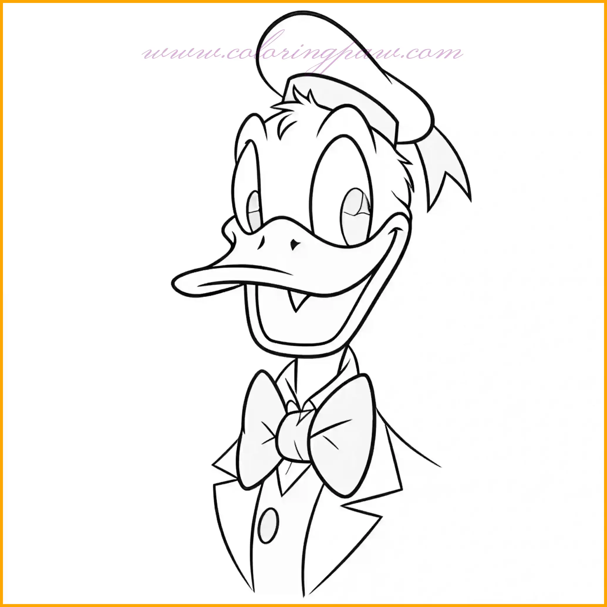 This elegant coloring page features Donald Duck looking charming and sophisticated, wearing a stylish bow tie. Bring his fashionable look to life by coloring the bow tie in vibrant shades like red, yellow, or even a patterned design for added flair. Pair it with Donald’s classic sailor outfit in blue and white to highlight his iconic style. The background can be enhanced with creative touches such as a festive party scene or a fancy ballroom. This page is perfect for kids and fans who enjoy highlighting Donald Duck's playful and dapper side while experimenting with stylish color combinations.