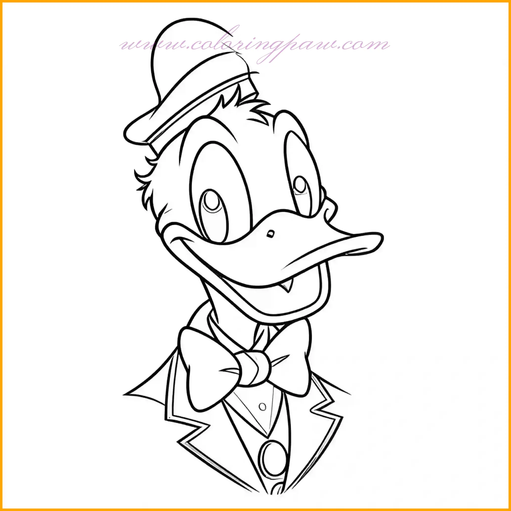 This fun coloring page features Donald Duck dressed up with a stylish bow tie, showcasing his playful and charming personality. Use bold and bright colors for the bow tie, such as red or yellow, to make it stand out. Stick to Donald’s traditional blue and white sailor theme for the rest of his outfit, adding subtle details like shading to enhance the look. Encourage creativity by imagining a fun background, like a party scene or a fancy ballroom. This page is perfect for kids who enjoy dressing up their favorite Disney character with flair and creativity.