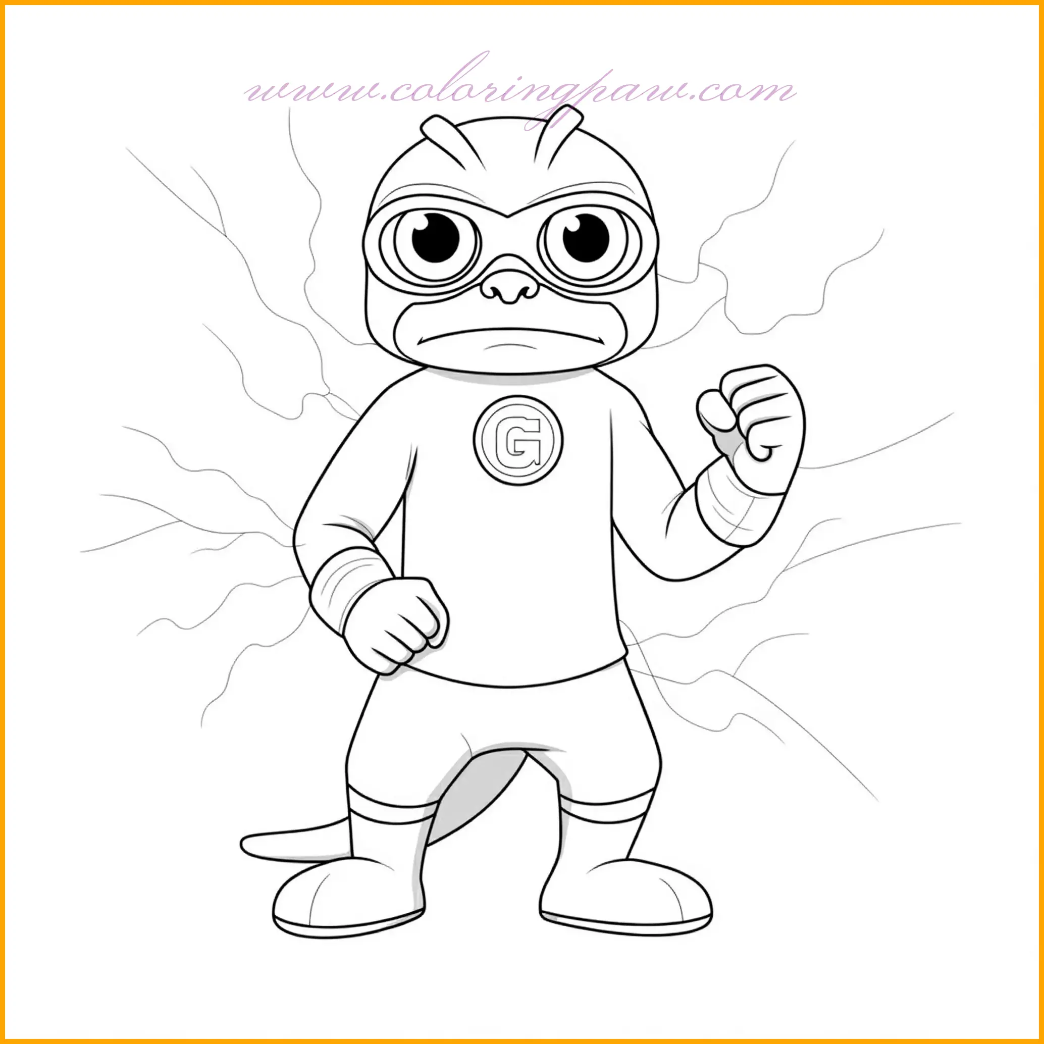 This coloring page features Gekko demonstrating his incredible super strength by lifting a massive object with ease. His vibrant green costume, complete with scaly textures and bold patterns, is the centerpiece of the image. Use rich greens for his suit, bright yellows for the highlights, and darker greens for shading the details. The background can feature a crumbling wall or a pile of rubble, adding depth and action to the scene. Consider using earthy tones like browns and greys for the background to contrast with Gekko’s vivid colors.
