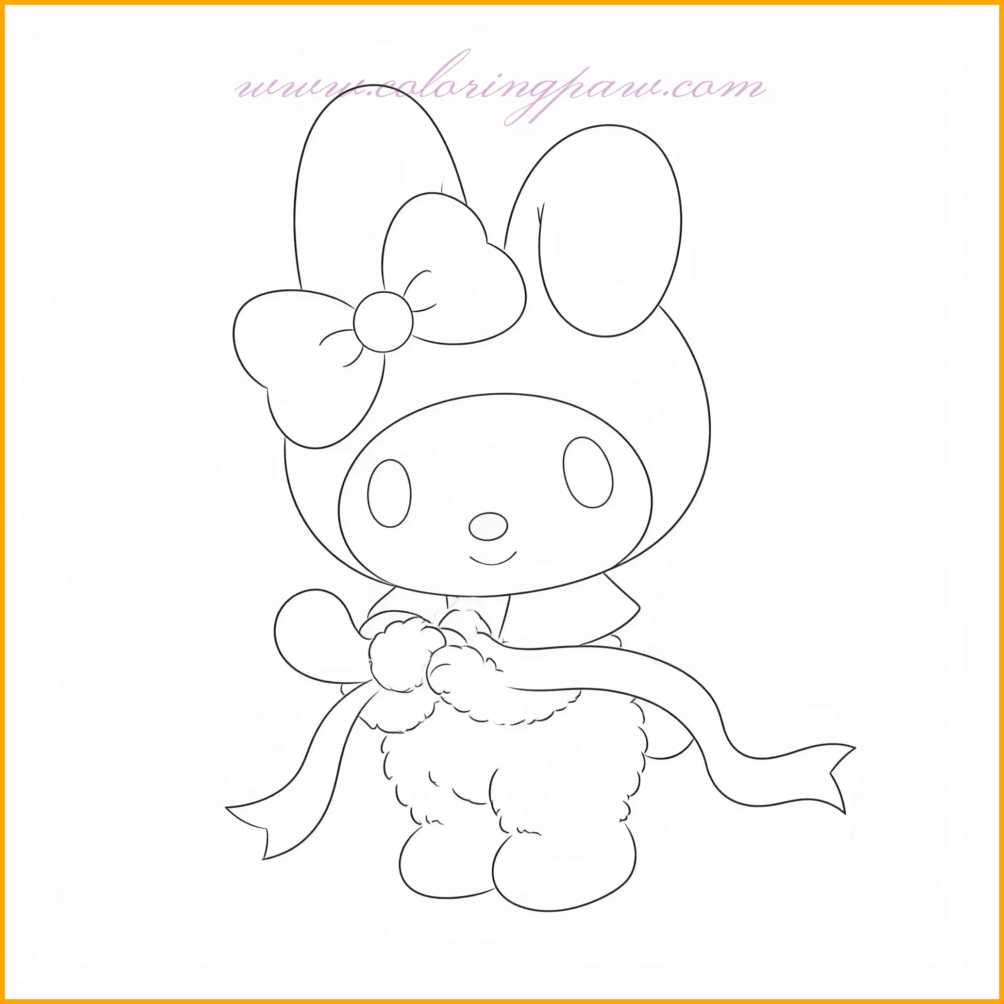 In this delightful image, My Melody is holding a colorful ribbon, perfect for coloring. The image showcases her wearing her iconic pink outfit and a cute pink bow on her head. The background features a soft, plain setting that allows the focus to be on My Melody and the ribbon. For coloring, use soft pastel shades for the ribbon to give it a gentle and whimsical look. Try coloring My Melody’s dress in a light pink and the bow on her head in a slightly darker shade for contrast. This coloring page invites creativity and calm coloring moments!