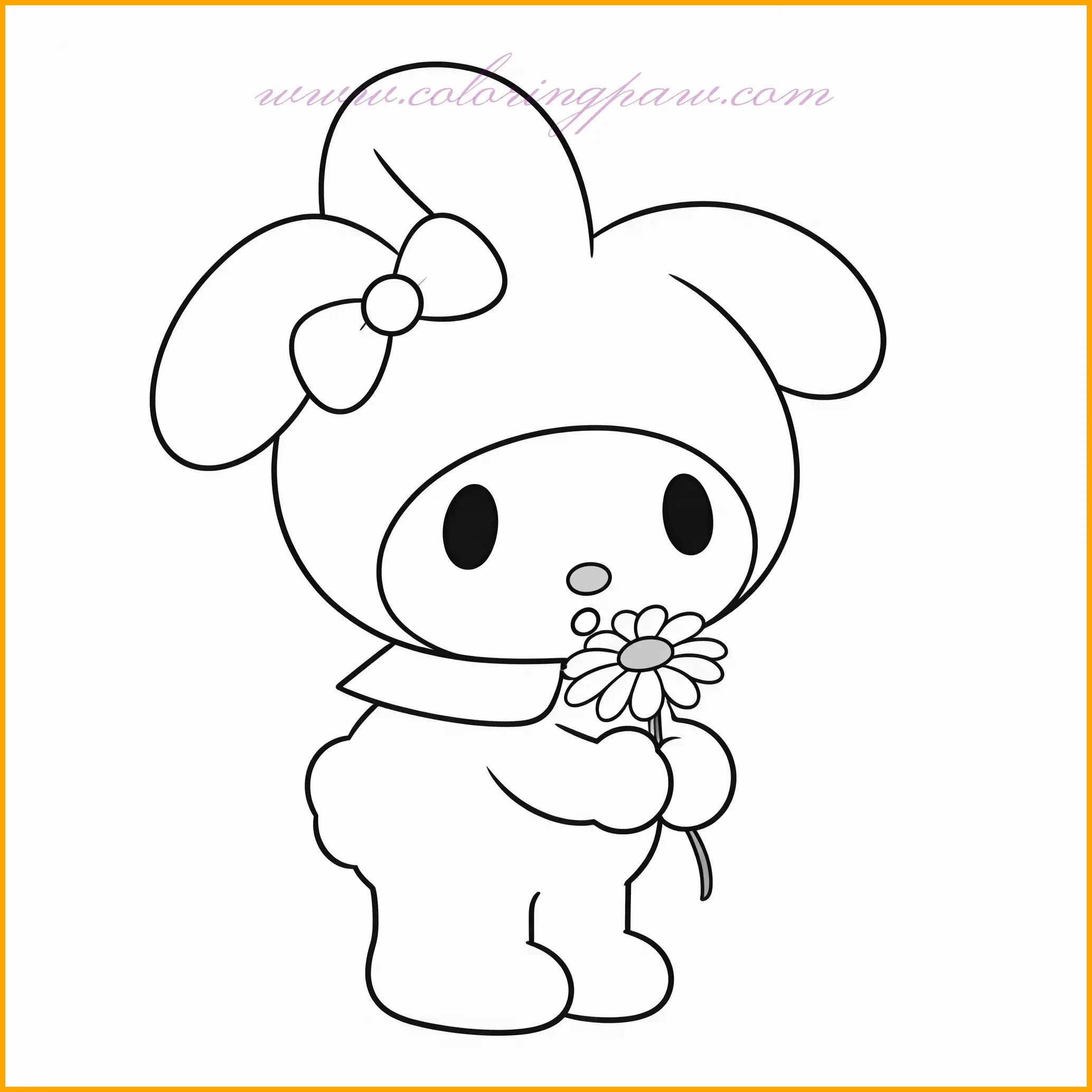 This charming illustration shows My Melody holding a single daisy in her hands, symbolizing purity and simplicity. My Melody's classic pink attire contrasts beautifully with the white daisy in her hands. The simplicity of the background allows for focusing on the character and flower. When coloring, choose soft tones for My Melody's pink dress and give the daisy a bright yellow center with white petals to make it pop. Use light greens for the stem and leaves to add a peaceful touch to this image.