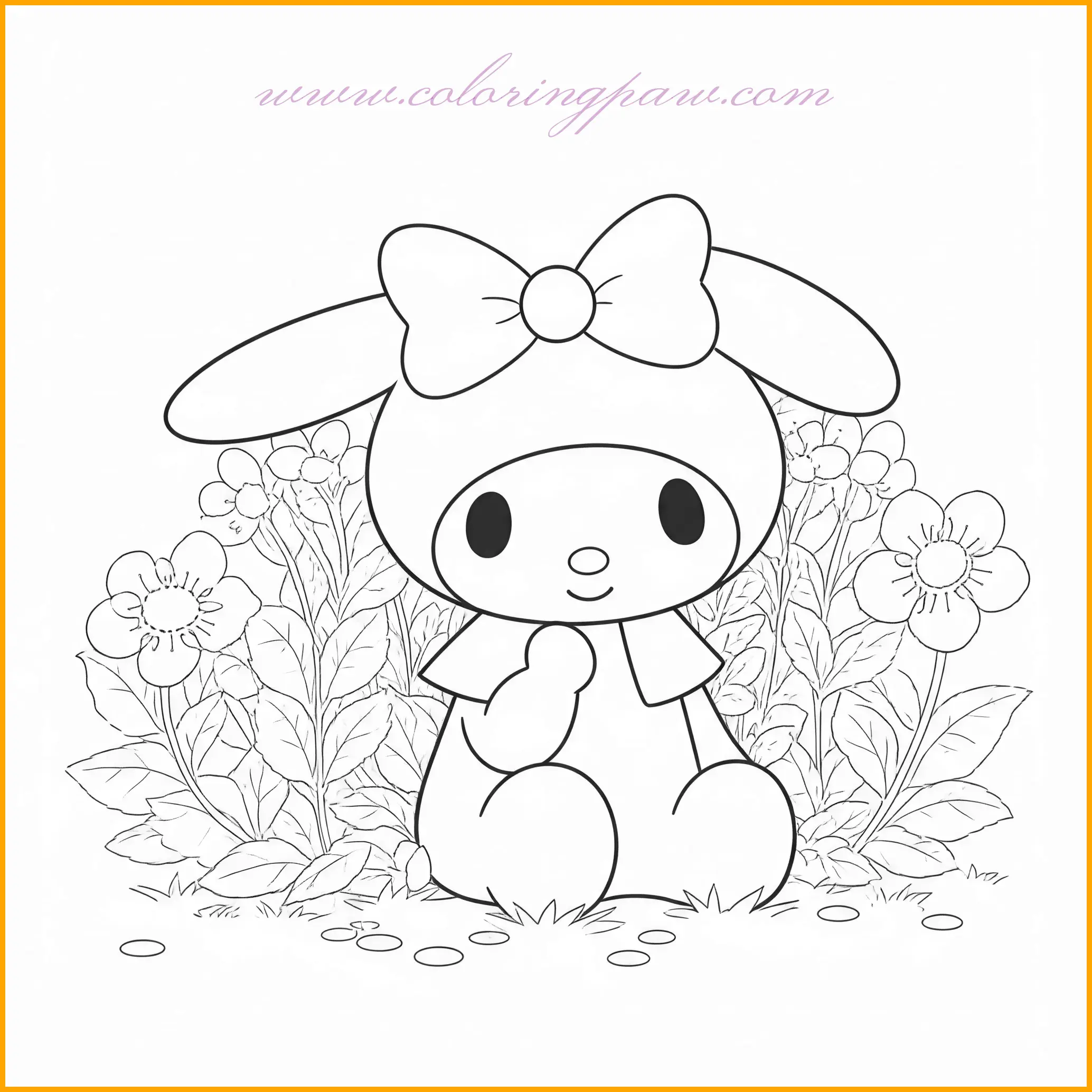 In this serene scene, My Melody is sitting next to a bush of delicate flowers. Her eyes are gently closed, giving a peaceful expression. The bush surrounding her is full of small, colorful blossoms that will be fun to color. You can use vibrant shades for the flowers such as pink, yellow, and purple, with a light green for the bush. My Melody’s soft pink dress contrasts well with the bright flowers, and you can color her in a calm pastel palette to match the tranquil setting.