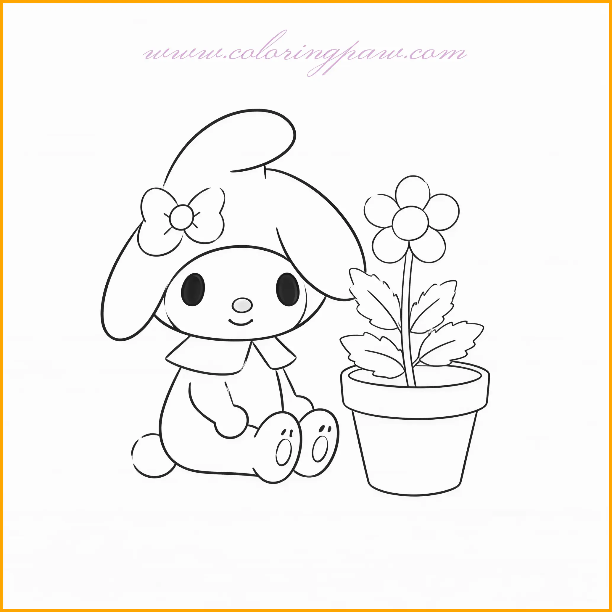 In this lovely image, My Melody is sitting next to a flowerpot, surrounded by greenery and simple flowers. The flowerpot can be colored in earthy tones such as brown or terracotta, and the flowers within it can be vibrant in hues like yellow, red, and white. My Melody’s cute pink dress, along with her bow, adds a sweet charm to the image. You can color My Melody’s dress in a light pink while using a darker pink for her bow and shoes, making her stand out next to the flowerpot and flowers.