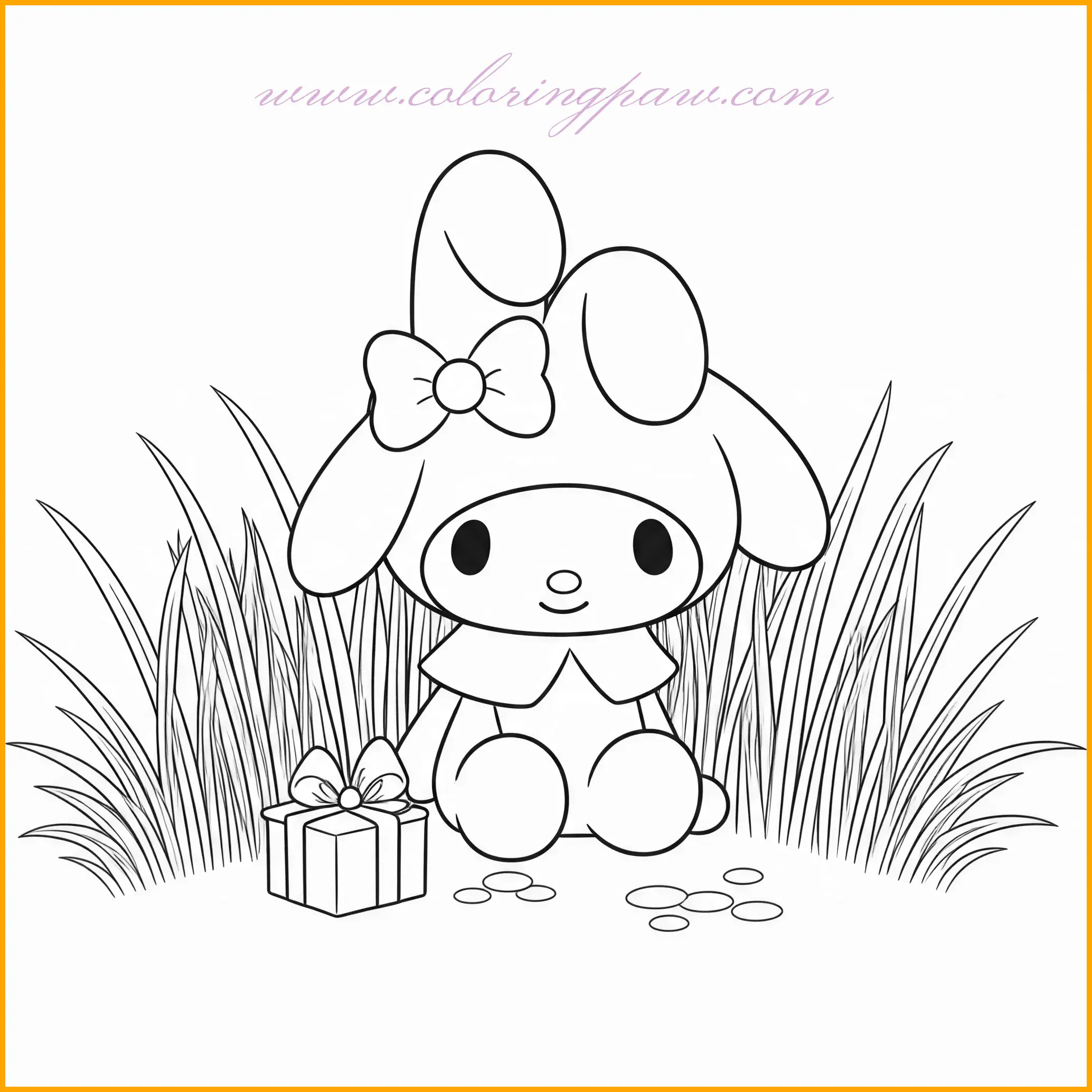 In this adorable coloring page, My Melody is sitting next to a small gift box. The box has a simple ribbon tied around it, adding a joyful touch to the scene. My Melody’s soft pink dress pairs perfectly with the gift’s pastel colors. You can use light pink for My Melody’s dress and experiment with different colors for the gift box, such as a soft blue or lavender. The ribbon can be colored in a contrasting darker color like magenta to make it stand out.
