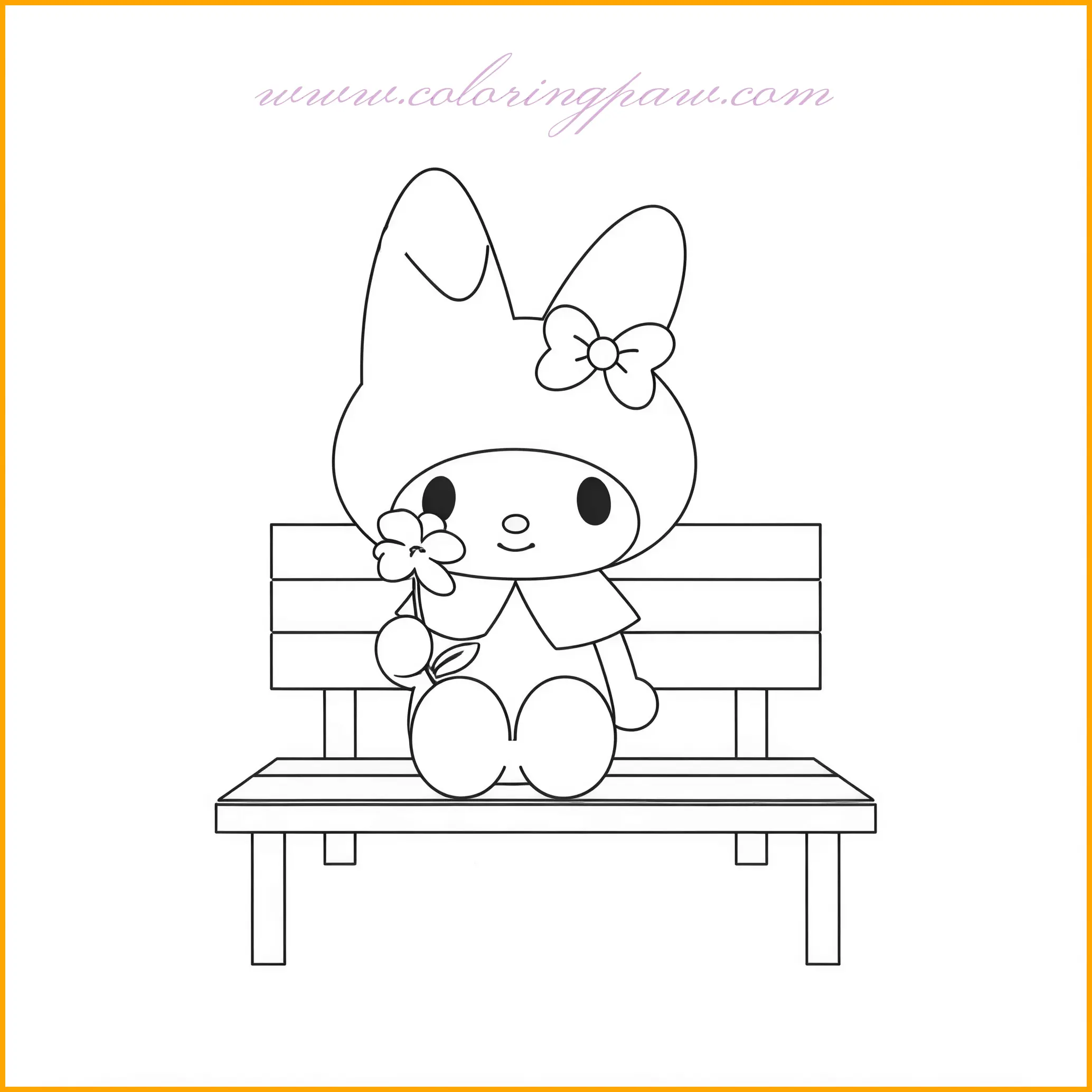This peaceful scene features My Melody sitting on a wooden bench, holding a simple flower in her hand. The simplicity of the flower and bench creates a calm atmosphere for the coloring page. For a beautiful effect, color the flower with soft shades of pink and yellow, while giving the bench a warm, natural brown color. My Melody’s pink dress can be enhanced with lighter and darker pink shades to add depth. This serene illustration invites you to relax and enjoy the coloring process.