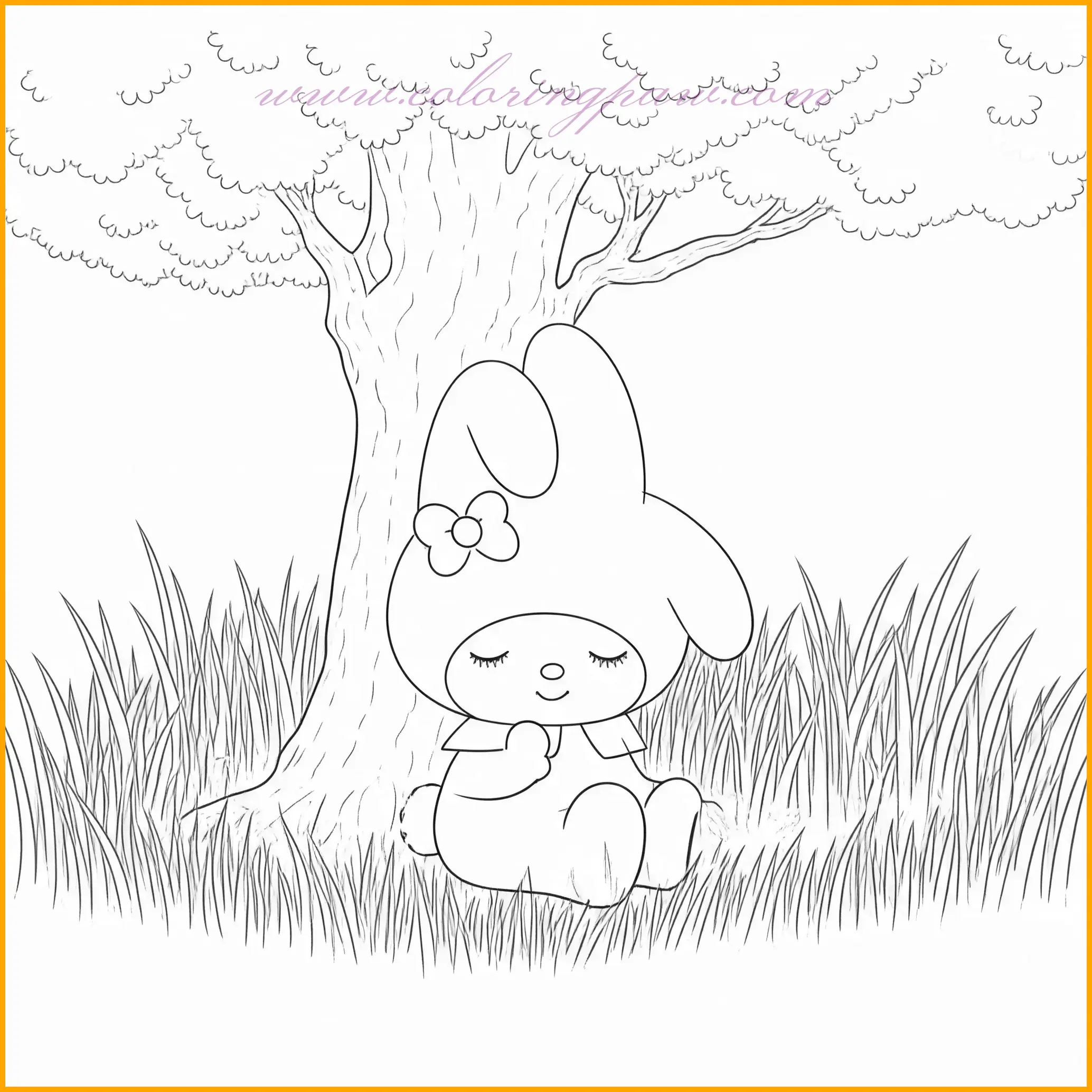 This serene image features My Melody sitting peacefully under a tree, enjoying the shade. The tree's broad canopy provides a tranquil backdrop, making it an ideal setting for a relaxing coloring session. You can color the tree trunk in warm browns and the leaves in a gentle green, adding some lighter shades to the branches. My Melody's outfit can be colored in soft pinks and whites, with her bow and shoes in a slightly darker shade. The simplicity of the scene encourages detailed, relaxing coloring.