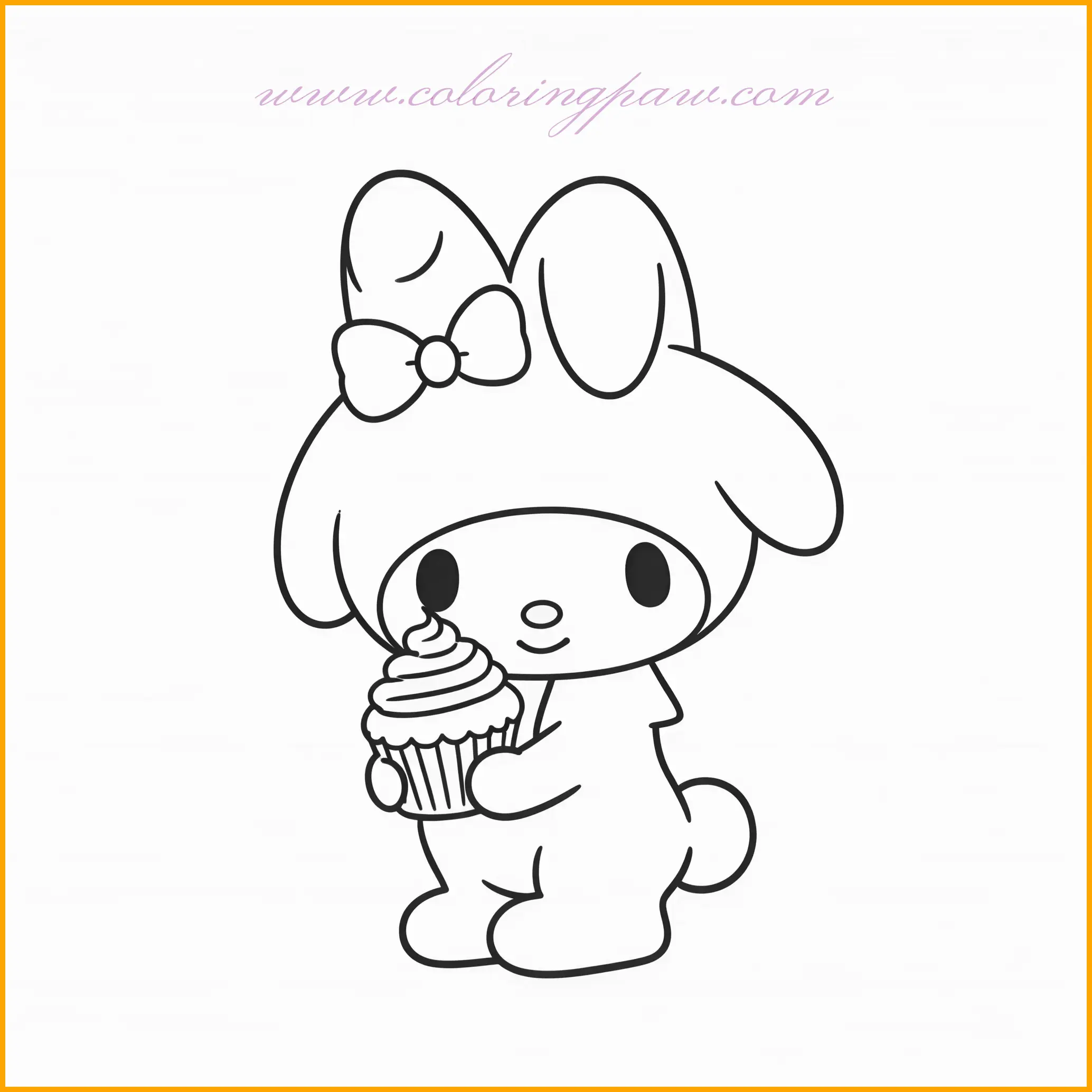In this delightful image, My Melody is holding a cute, simple cupcake. The cupcake’s frosting and sprinkles make it a perfect focal point for adding colors. The cupcake wrapper can be in pastel tones like light blue or pink, while the frosting can be a soft white with colorful sprinkles. My Melody’s dress can be colored in a sweet pastel pink, and her bow in a slightly darker shade to make her stand out. This page invites creativity as you decorate the cupcake and bring the scene to life with your favorite colors.