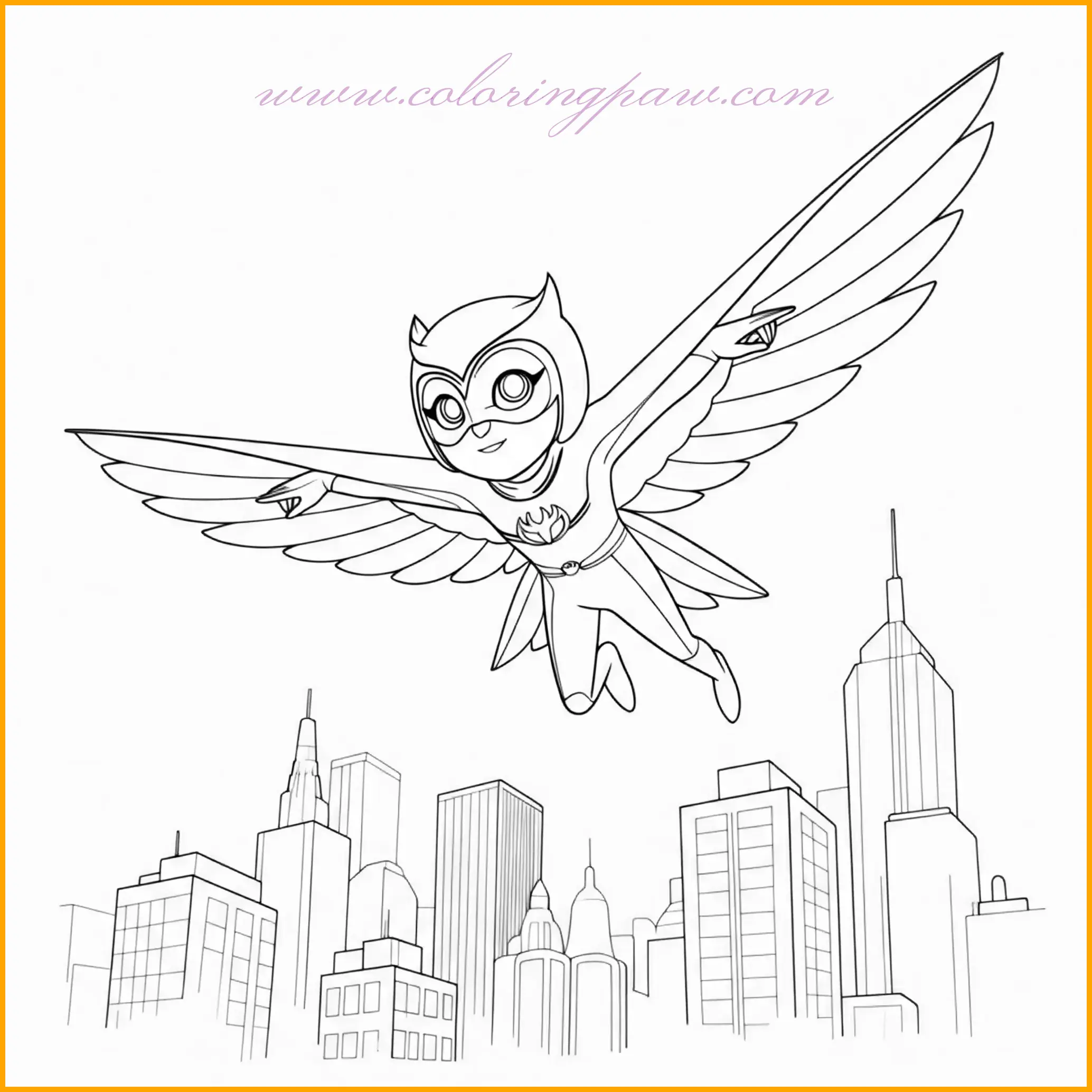 Owlette soars gracefully above the city in this breathtaking coloring page, her wide wings fully extended as she surveys the scene below. Her vibrant red costume and feathered cape create a striking contrast against the city lights. Use shades of red and crimson for her outfit, and add orange or yellow accents to highlight her wings. The city skyline in the background can be colored with deep blues and greys, while the night sky is brought to life with sparkling stars and a glowing moon. This page is perfect for creating a dramatic and elegant scene.