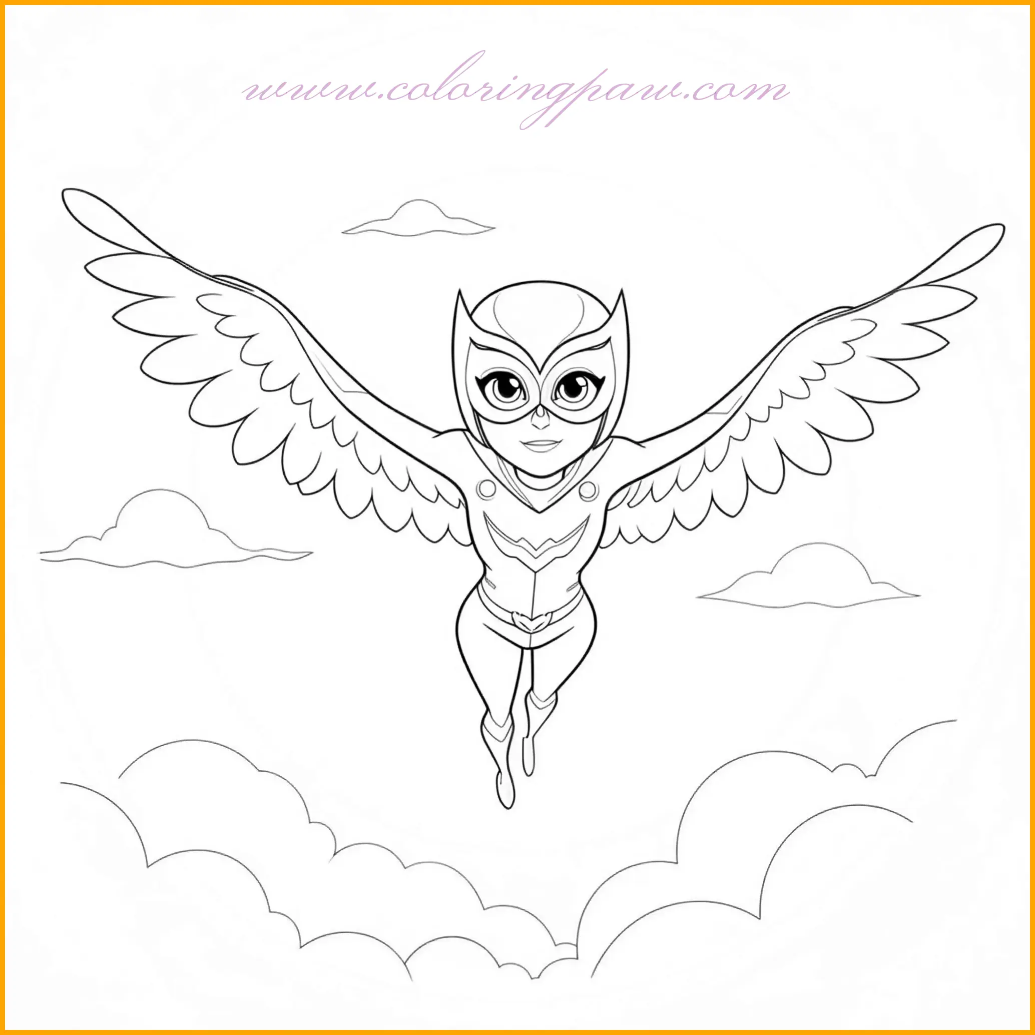 Owlette is depicted gracefully soaring through fluffy white clouds, her red wings blending harmoniously with the vibrant sky. Her costume, a mix of red hues with intricate feather designs, adds a touch of elegance and creativity. Use bright reds and oranges for her suit, and add soft whites and greys for the clouds to create a dreamy atmosphere. For the sky, experiment with blues and purples, transitioning to lighter shades near the horizon. This coloring page encourages kids to bring Owlette’s flight to life with their imaginative color choices.