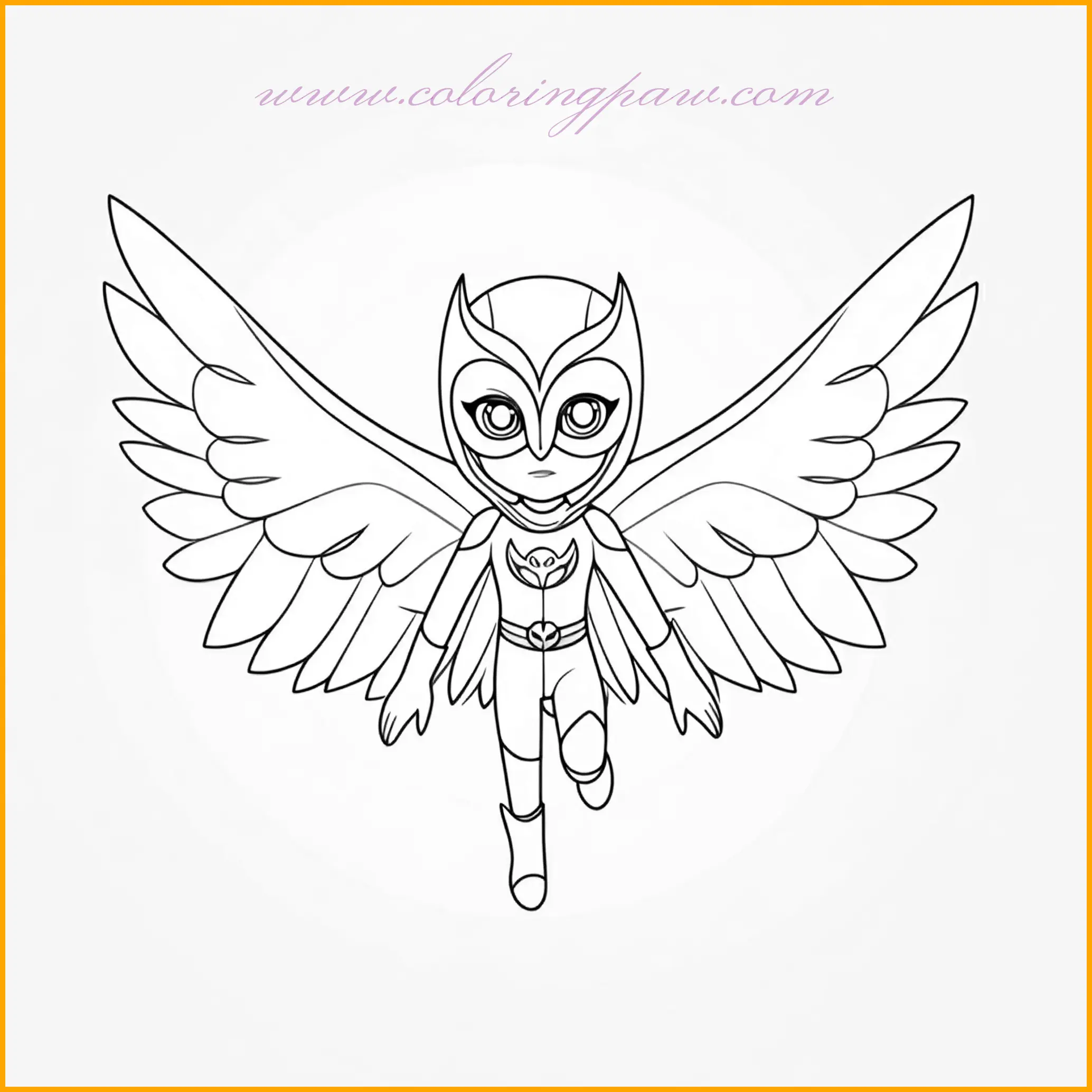This captivating coloring page showcases Owlette standing proudly with her majestic wings spread wide, ready to take on any challenge. Her costume, detailed with feather-like patterns, gleams in bold reds and pinks. Use bright reds for her main outfit, and lighter shades like coral or pink for the inner details of her wings. The background can feature a glowing sunset or a bustling cityscape, giving kids the chance to experiment with warm colors like oranges, yellows, and purples. This page is ideal for creating a scene full of courage and beauty.