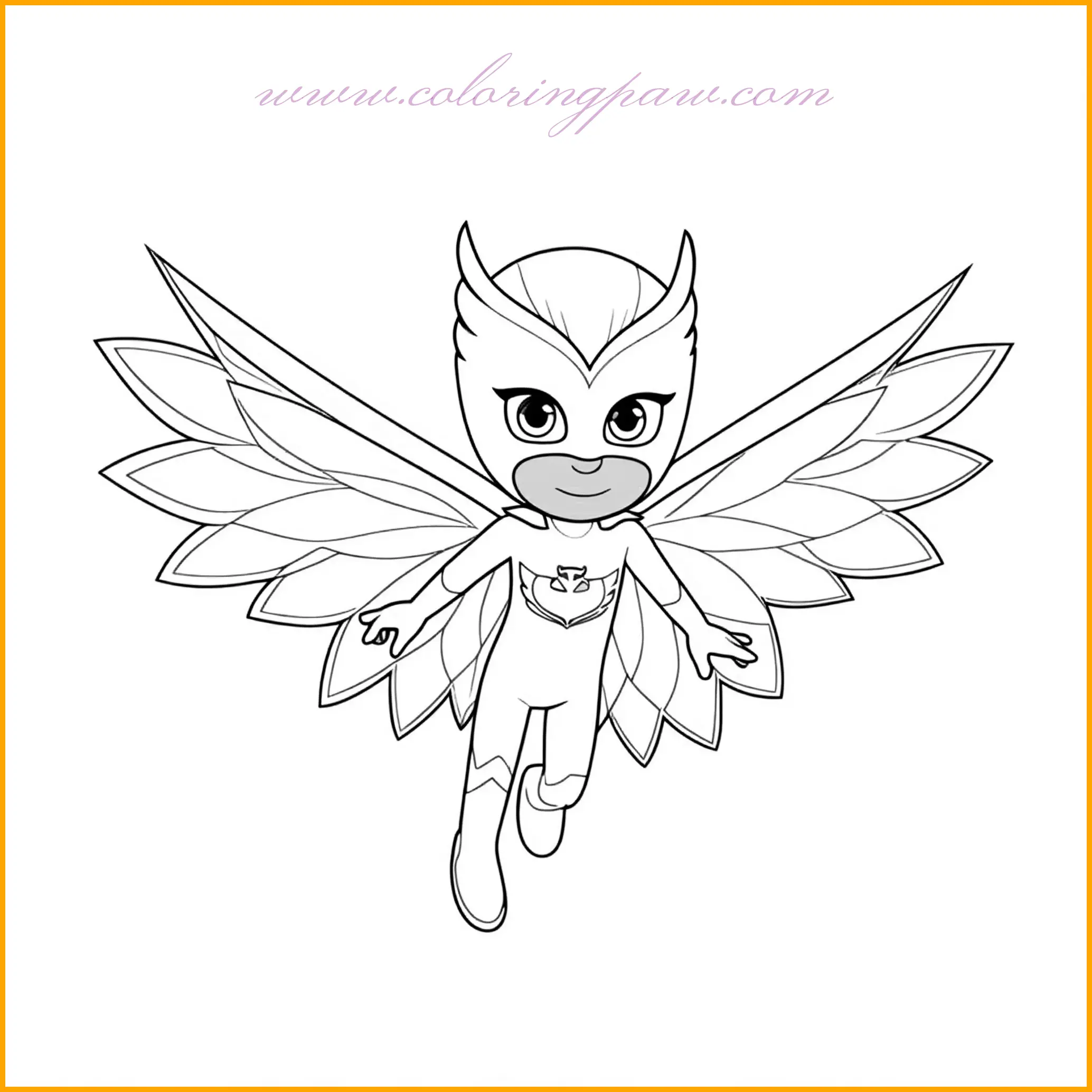 Owlette is captured in mid-flight, gliding effortlessly through the air with her wings spread wide. Her red costume, highlighted with feather-like designs, shines as she cuts through the wind with grace. Use deep reds for her suit, with hints of orange and yellow to highlight her wings. The background could include a gentle sky filled with soft clouds and birds, inviting kids to use light blues, whites, and greys for a peaceful yet empowering scene. This coloring page is perfect for showcasing Owlette’s elegance and strength.