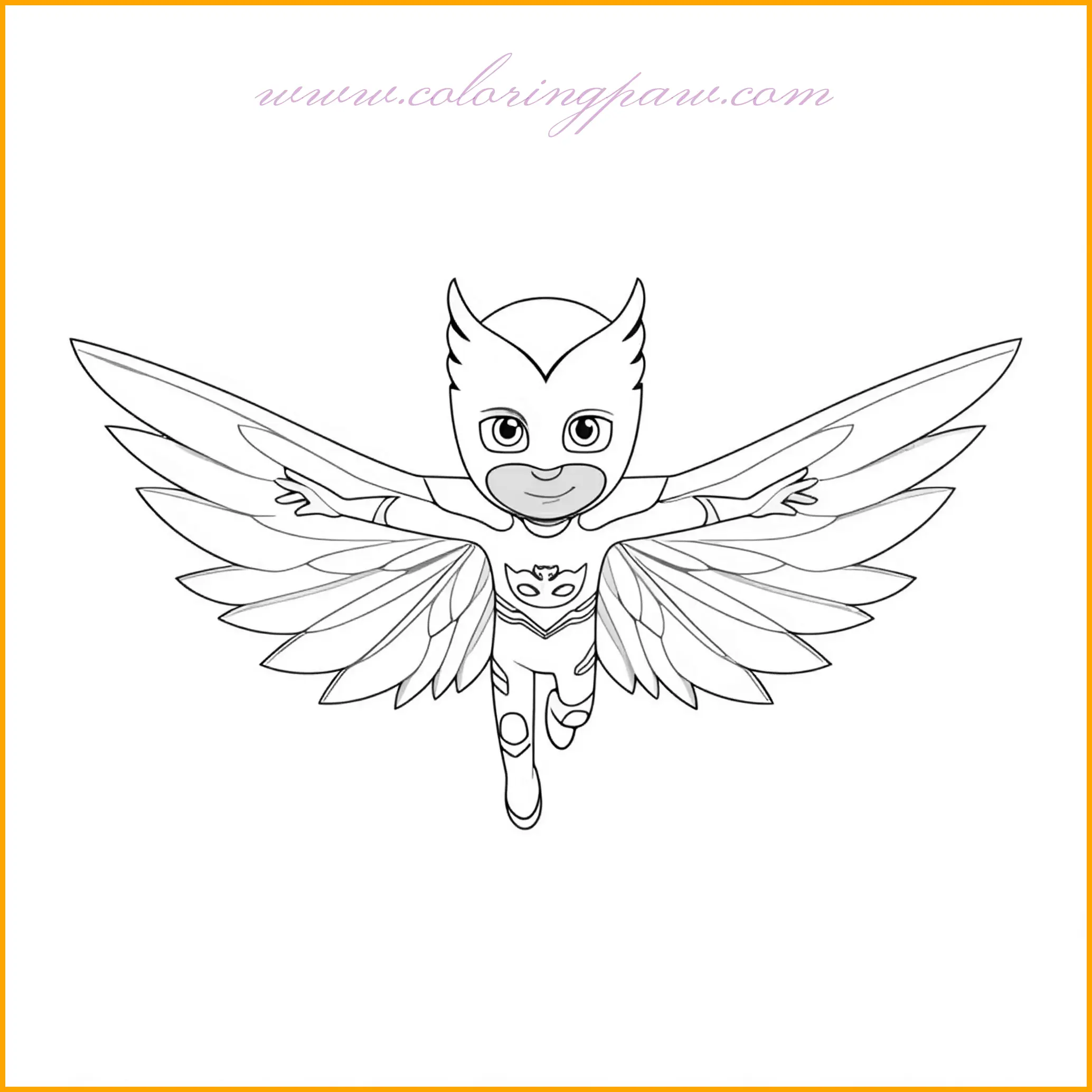 In this breathtaking coloring page, Owlette is soaring high above, her wide wings spread majestically as she flies with confidence. Her red outfit, complete with intricate feather patterns, stands out as the centerpiece of the image. Use shades of red and pink for her costume and lighter shades for the inner details of her wings. The background could feature a glowing sunset with hues of orange, pink, and yellow to create a magical scene. This page inspires creativity and imagination, perfect for young fans of Owlette.