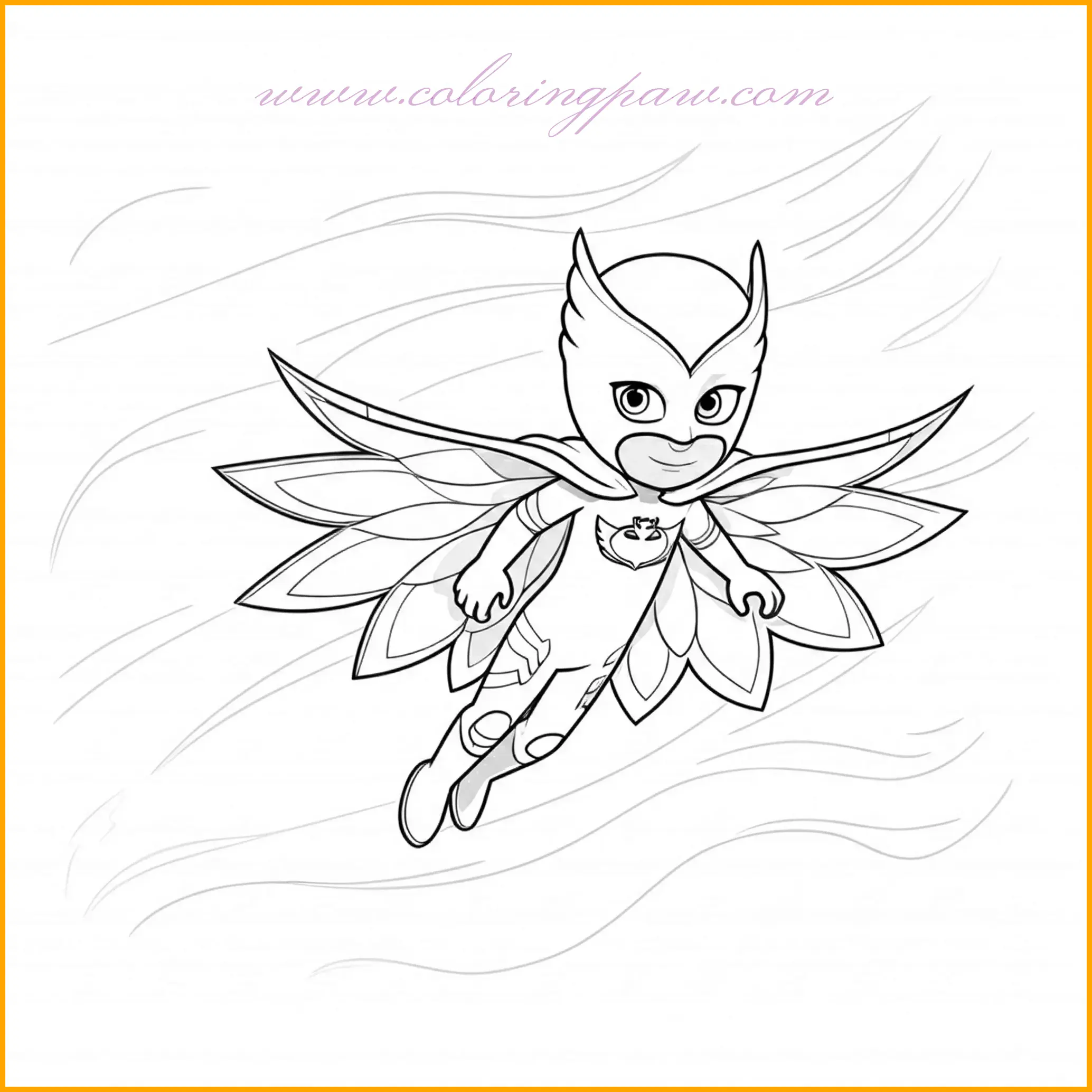 In this dramatic coloring page, Owlette stands confidently as her cape flows heroically in the wind. Her red costume is richly detailed, with feather-like designs that highlight her strength and grace. Use vibrant reds for her cape and costume, adding subtle shading to create depth and movement. The background can feature a dramatic sky with swirling clouds in shades of blue and grey, adding to the sense of action and power. This scene invites creativity, making it a perfect choice for young fans to bring Owlette to life.