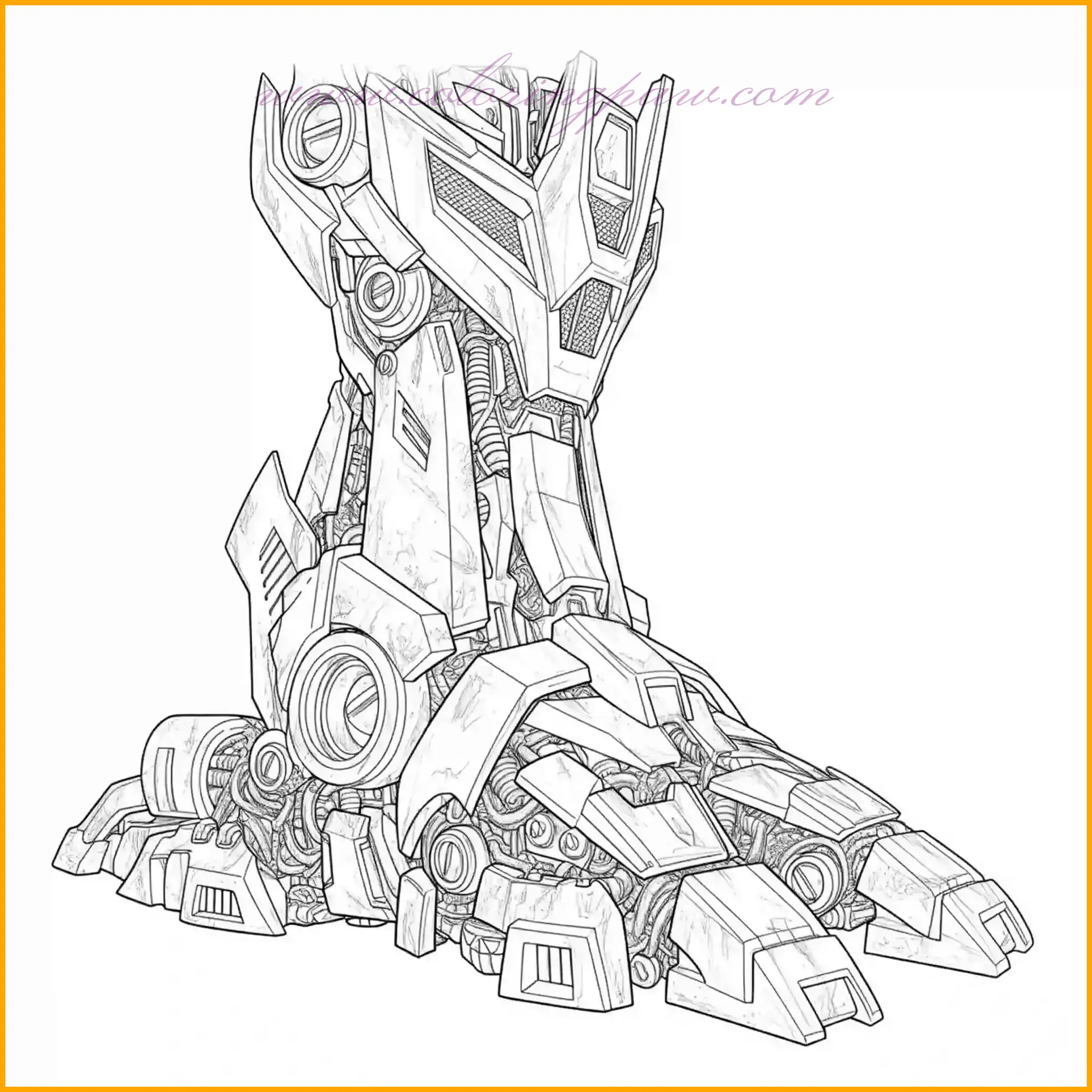 This unique coloring page focuses on the mechanical details of a Transformer’s foot in a close-up view, showcasing its robust structure and intricate design. Use polished steel tones with darker accents for the joints and glowing energy lines in blue or red to add a sci-fi touch. The background can include a cracked surface or metal flooring for added context. This "Transformer Coloring Page" is a great choice for those who enjoy exploring the technical details of their favorite robots.