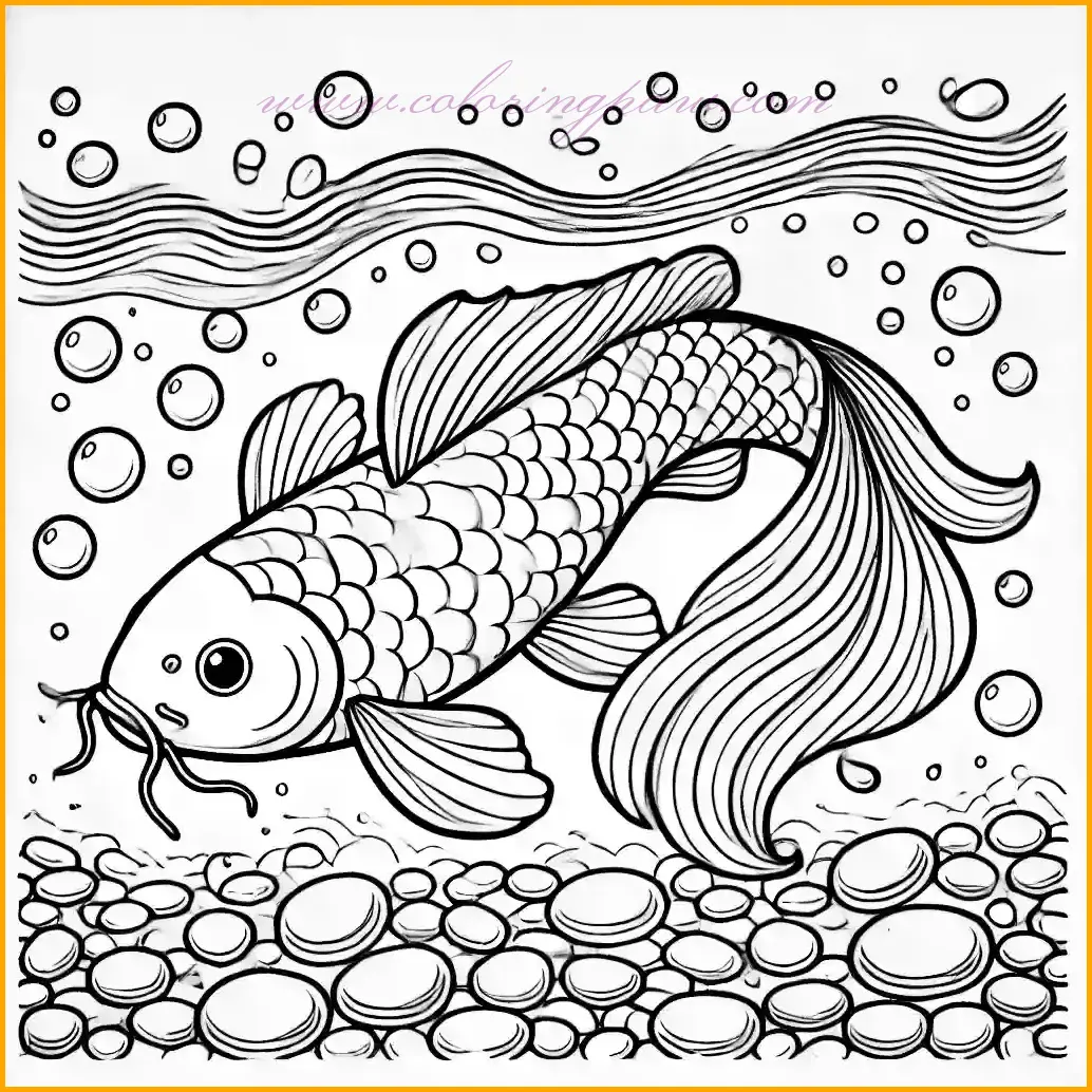 This outline image presents a koi fish swimming gracefully underwater, surrounded by scattered small pebbles. The fish features flowing fins and a body with clear, bold scales, making it easy to fill with vibrant hues like orange or gold. The pebbles are drawn in a simple, scattered pattern that encourages creative color choices, from earthy tones to bright accents. Gentle ripples in the water add a sense of movement while leaving ample white space for personal touches. The bold outlines and minimal details ensure this design is enjoyable and straightforward for children to color.