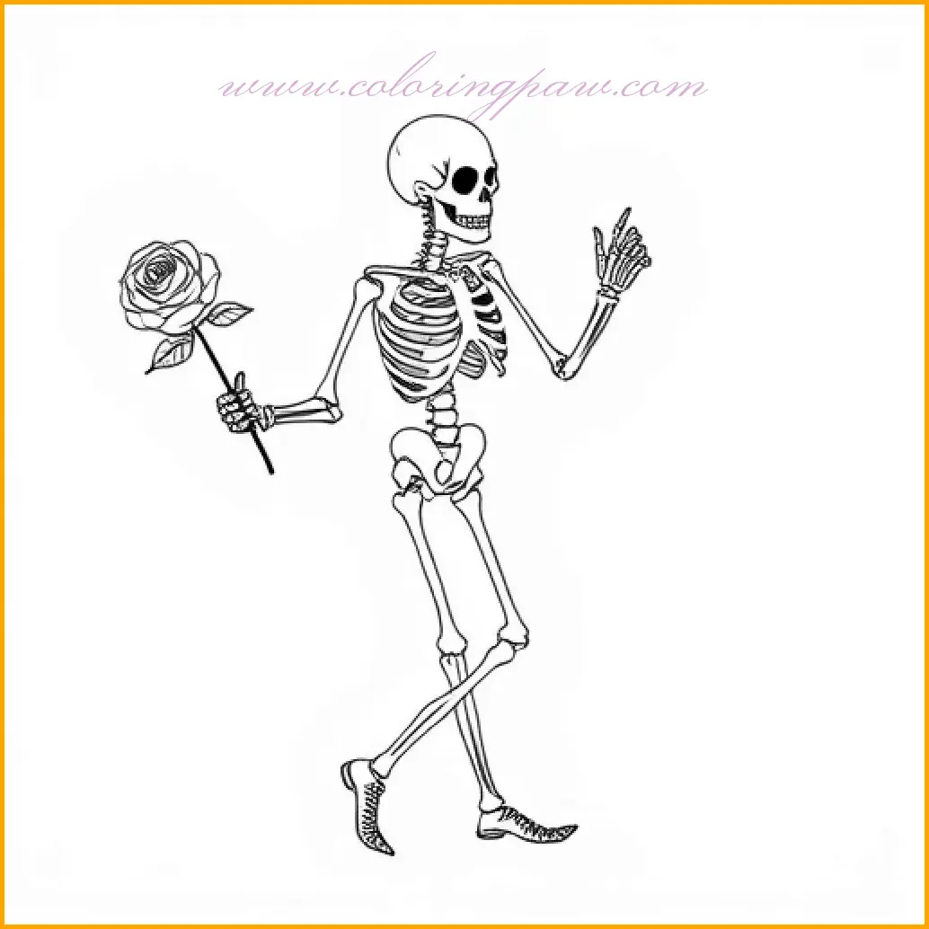 This Dia de los Muertos color page captures the graceful movement of a skeleton dancing while holding a rose. The skeleton’s bones can be highlighted with soft grays, while the rose can be vividly colored in deep reds or pinks to create a striking contrast. Decorative elements such as lace, ribbons, or floral crowns can be shaded in festive yellows, purples, and greens. To add depth, the background can feature a soft gradient or shadows, enhancing the sense of movement and elegance in the artwork.