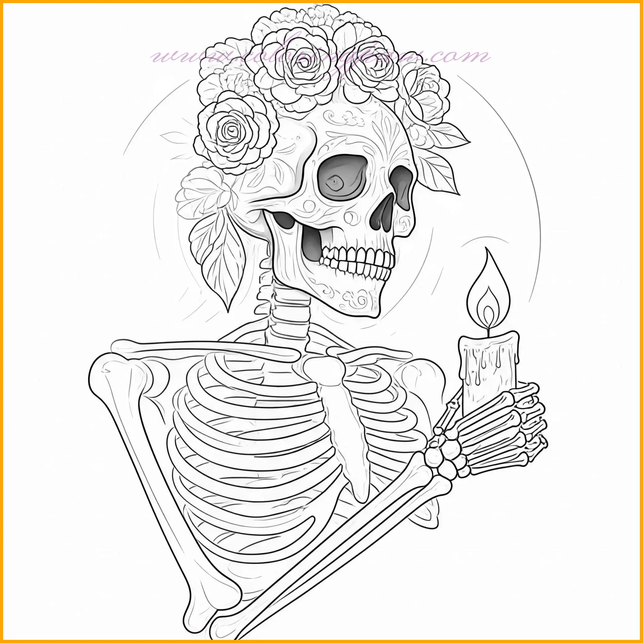 This Dia de los Muertos color page showcases a skeleton holding an ornate candle, surrounded by intricate details and patterns. The candle can be shaded with a warm yellow glow at its flame, while the wax can be colored in light white or ivory with hints of gray for shadows. The skeleton can remain neutral with bone-like shading, while surrounding details such as floral patterns or decorations can be filled with bright hues like marigold yellows, vibrant reds, and greens. This page is ideal for capturing the light and festive charm of Día de los Muertos.