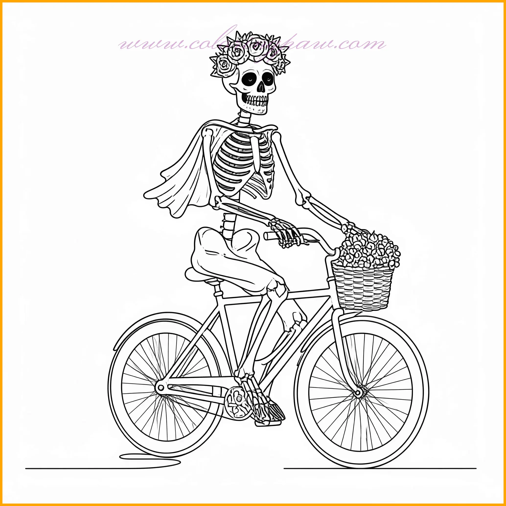 This Dia de los Muertos color page features a whimsical skeleton riding a bicycle while wearing a colorful floral crown. The bicycle can be shaded in soft metallic grays or vibrant reds and blues to make it pop. The floral crown, filled with marigolds and roses, offers opportunities to use bright yellows, oranges, and deep reds. The skeleton itself can be kept light with subtle gray shadows, while the background can feature festive elements like swirls or banners in colorful hues. This lively illustration captures the playful side of the Day of the Dead celebrations.