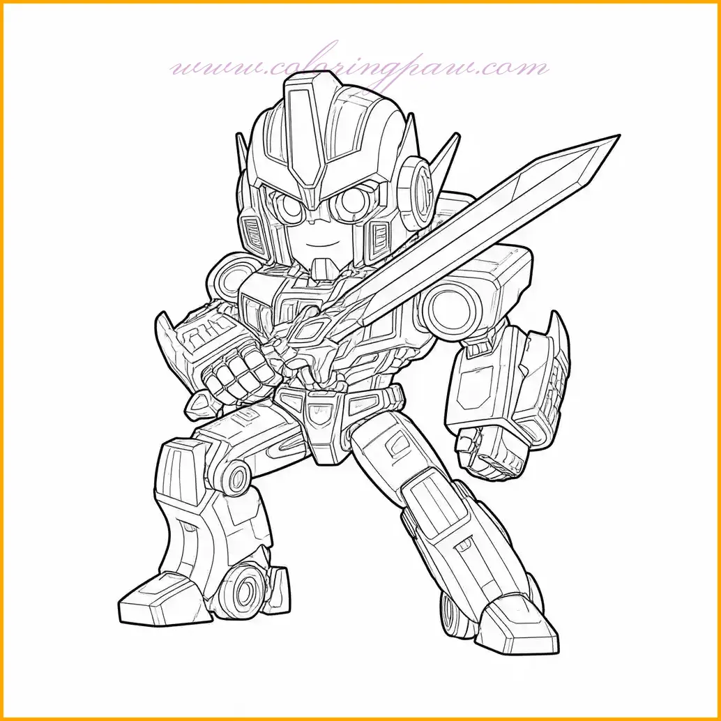 Celebrate the bravery and might of Transformers with this epic battle stance featuring a sword-wielding robot. Metallic grays and blues can give the robot a realistic shine, while the sword can be highlighted with glowing effects in gold or silver. Consider adding a stormy sky with shades of gray and purple to enhance the drama, or depict an alien battlefield with abstract colors. This coloring page is ideal for fans of heroic adventures, offering endless possibilities to showcase creativity.