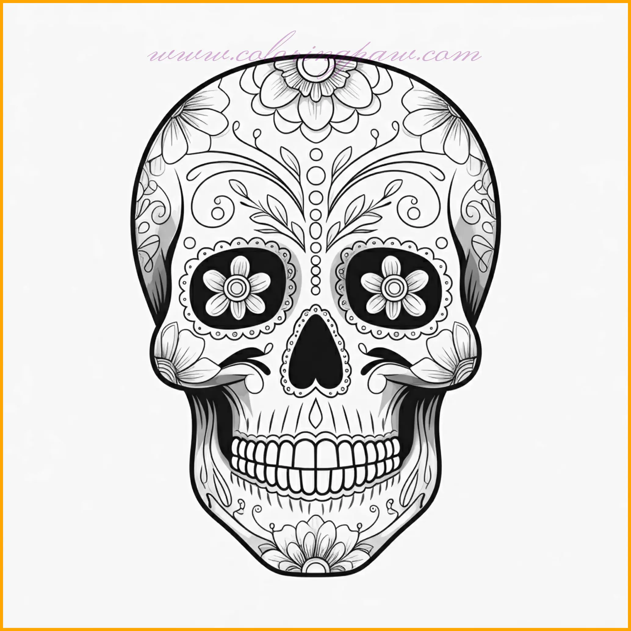 This Dia de los Muertos color page showcases a beautifully decorated sugar skull adorned with intricate floral designs and delicate patterns. The floral details include blooming flowers around the eyes, forehead, and cheek area, offering ample opportunities to experiment with vibrant colors such as bright reds, yellows, and greens. Use bold outlines to define the flowers while keeping the skull a lighter shade for contrast. Adding a soft gradient or shadows to the flowers can make the image stand out more while maintaining a festive look inspired by the Day of the Dead celebrations.
