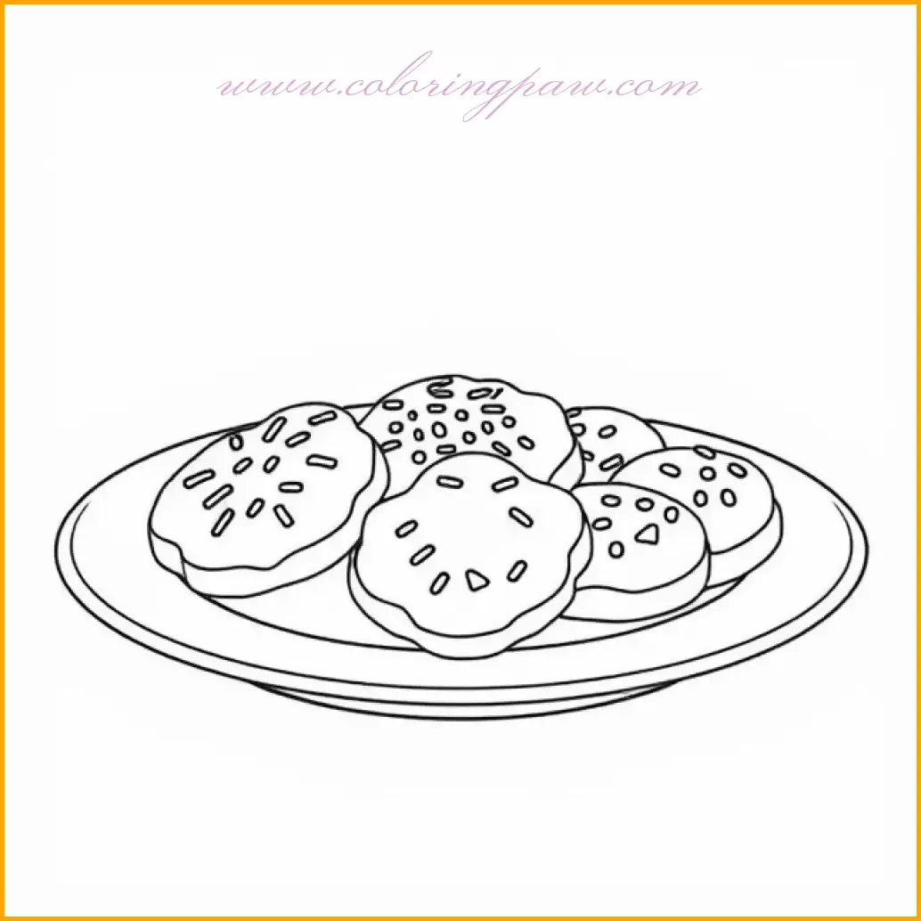 This coloring page showcases a plate filled with various decorated Christmas cookies, topped with icing and colorful sprinkles. Each cookie presents a unique shape, such as stars, hearts, and trees, allowing for a variety of color combinations. Use vibrant reds, greens, yellows, and whites to bring the sprinkles to life. The plate can be decorated in traditional Christmas patterns or a simple red-and-white theme to make the cookies stand out.