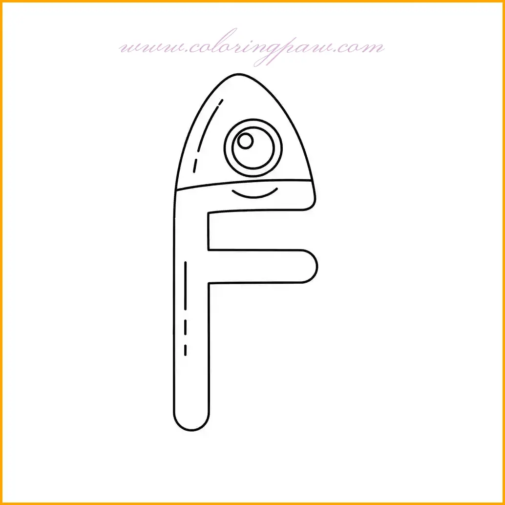Blast off into learning with this creative letter F coloring worksheet, where the letter F has transformed into a quirky rocket ship. Use metallic colors like silver and gray for the rocket body, and add red or orange flames at the bottom to show it in motion. The background can feature stars, planets, and a dark blue outer space setting to complete the cosmic adventure. This worksheet makes alphabet learning an out-of-this-world experience!